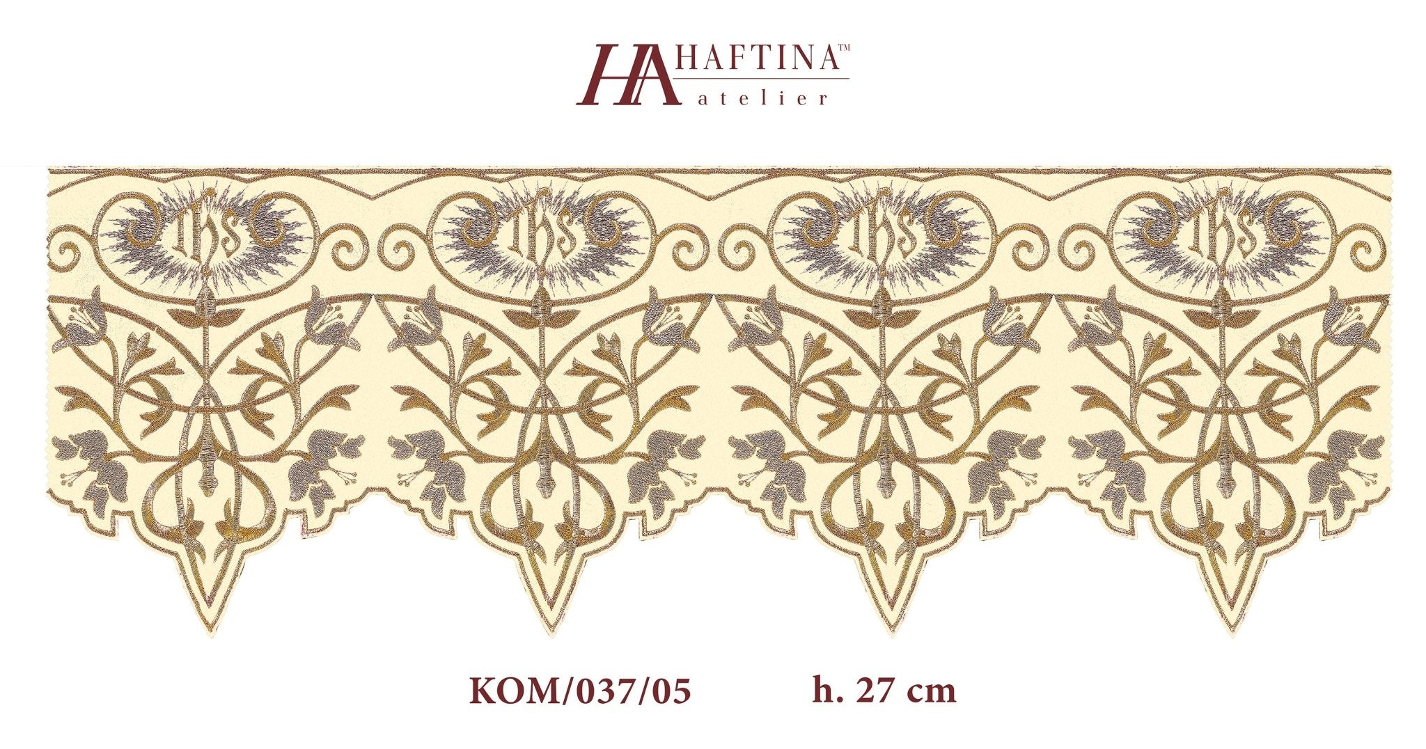 Ecru liturgical superfrontal with gold IHS embroidery KOM/037/05 27cm 3,5m - HAFTINAUSA.COM
