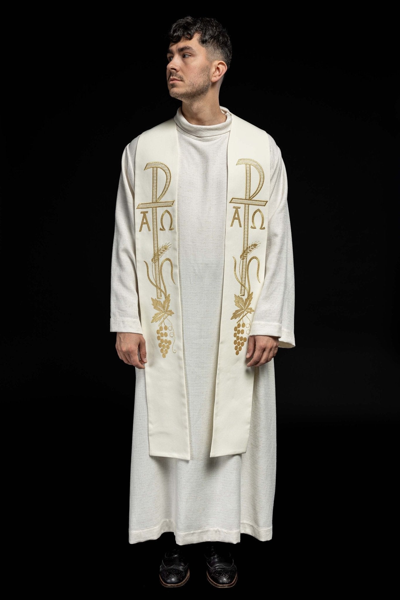 Ecru priestly stole embroidered with Alpha and Omega KST/075/05/01 ECRU - HAFTINAUSA.COM