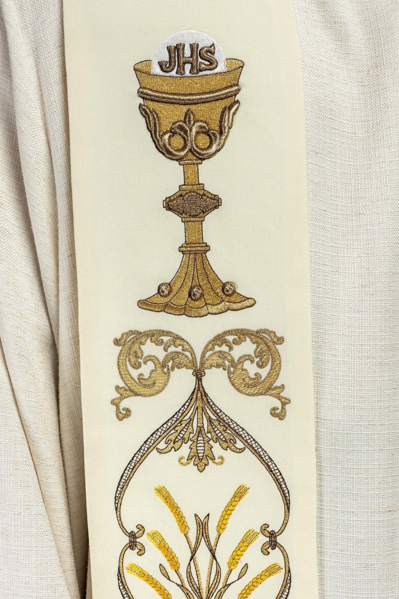 Ecru priestly stole with chalice IHS KST/042/05/01 ECRU - HAFTINAUSA.COM