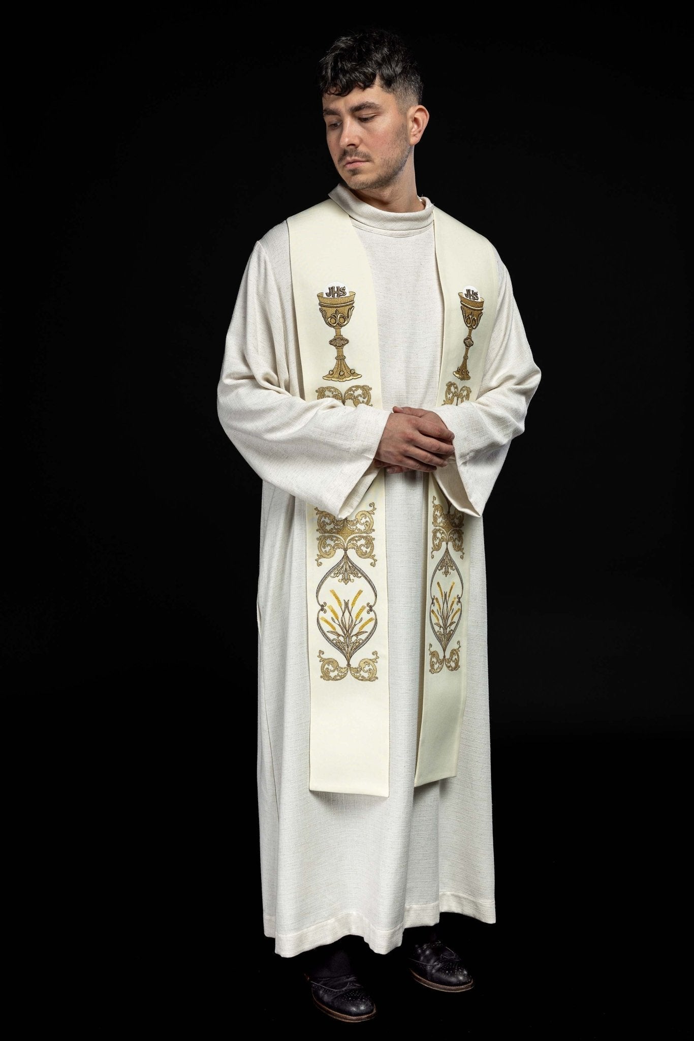 Ecru priestly stole with chalice IHS KST/042/05/01 ECRU - HAFTINAUSA.COM