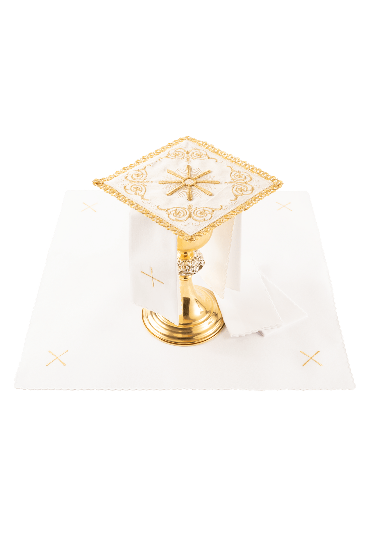 Embroidered chalice linens set ecru velvet KDT/5034/05/W - CHASUBLES.COM