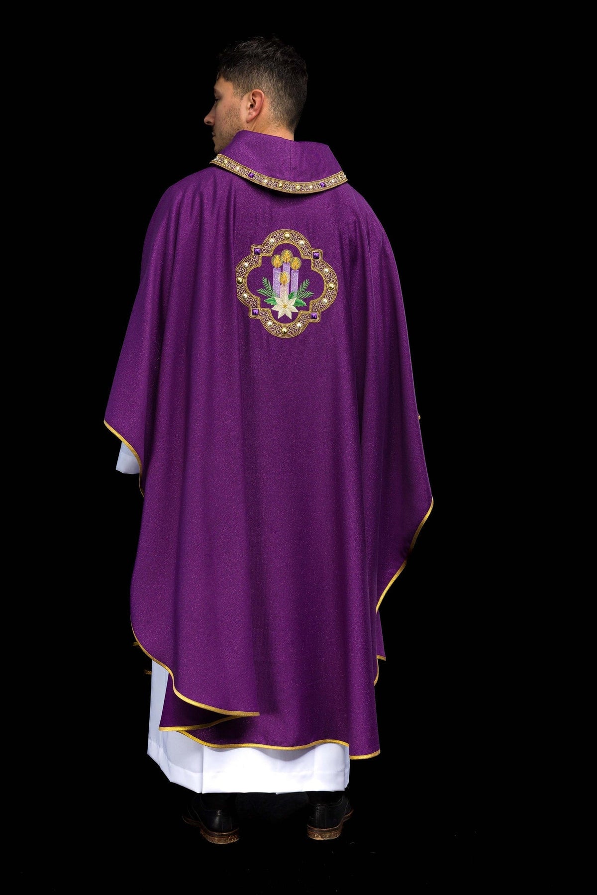 Full back view of the purple Advent chasuble with centered Advent embroidery