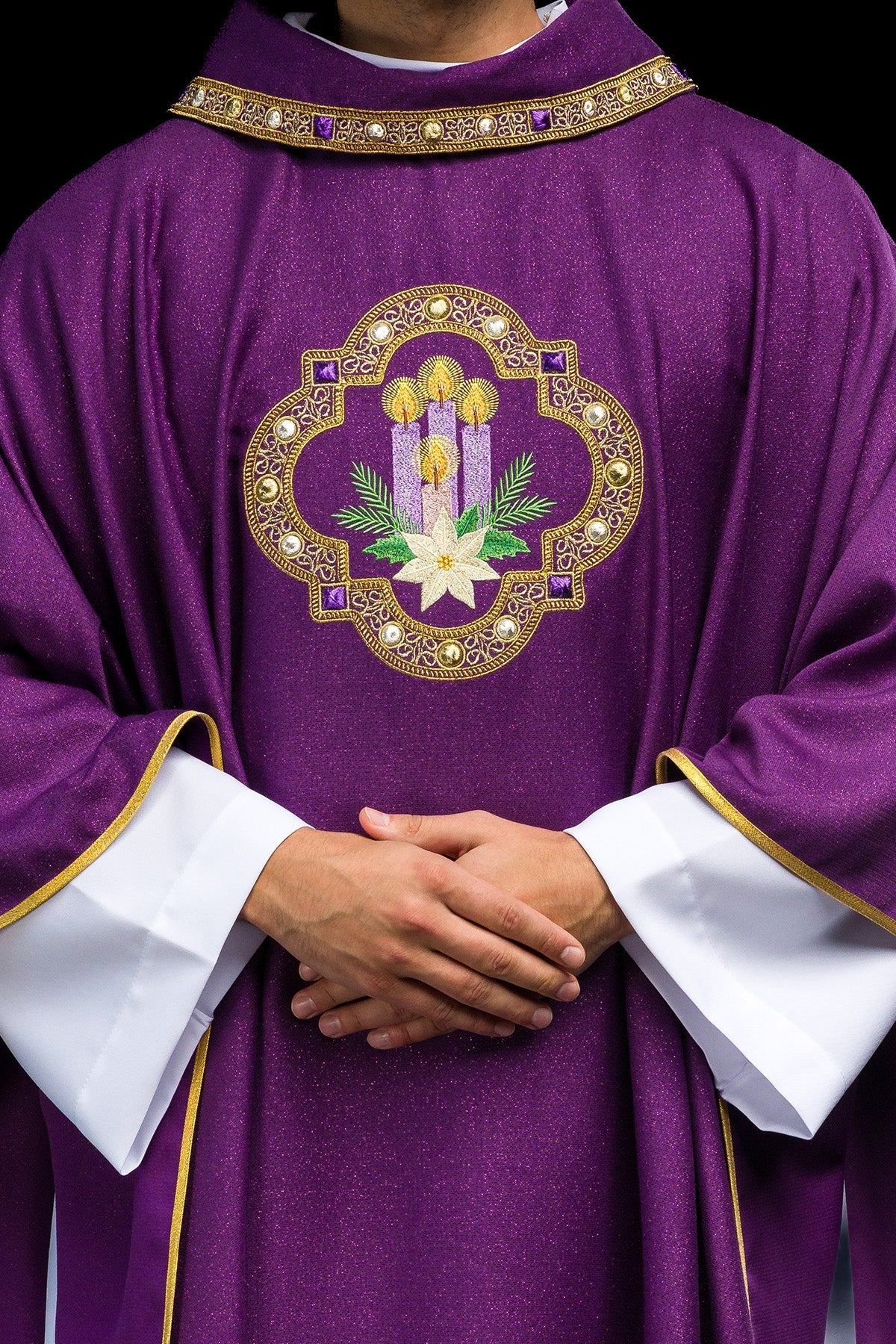 Embroidered Chasuble for Advent Made of Shiny Fabric S-7076-03-103 - CHASUBLES.COM