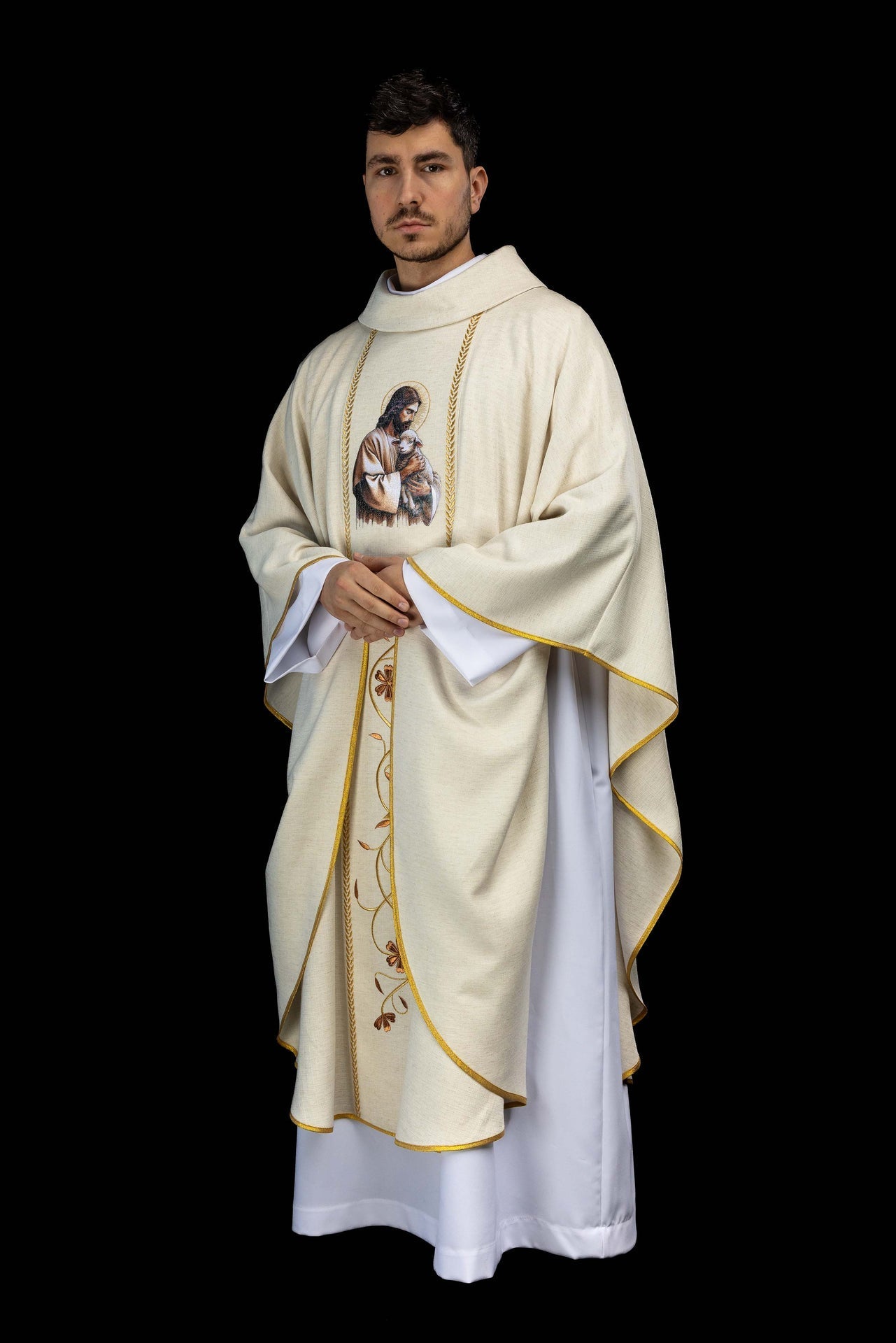 Embroidered chasuble with bands and the image of Jesus the Good Shepherd with a lamb in ecru KOW2/022/05/49 - CHASUBLES.COM