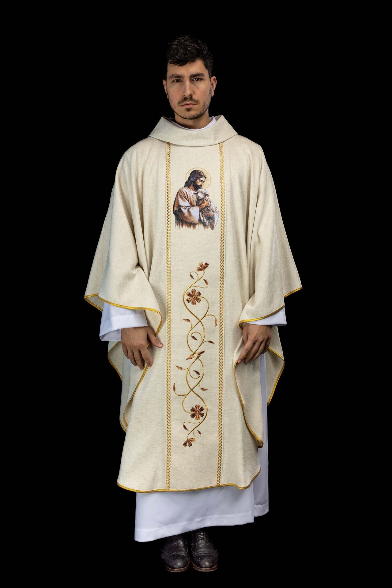 Embroidered chasuble with bands and the image of Jesus the Good Shepherd with a lamb in ecru KOW2/022/05/49 - CHASUBLES.COM