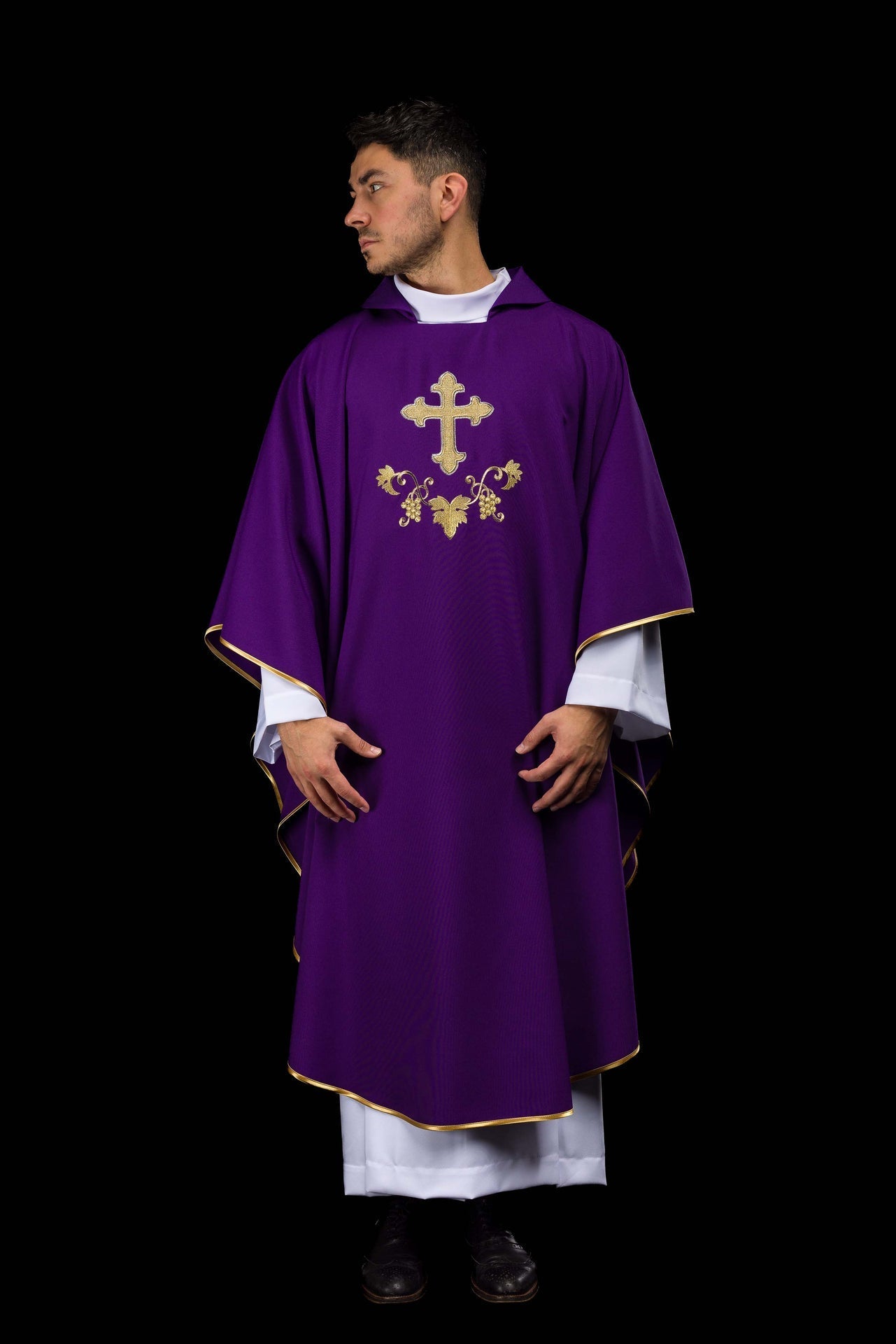 Embroidered chasuble with cross symbol and wide collar purple KOK/001/03/12/KARO - CHASUBLES.COM