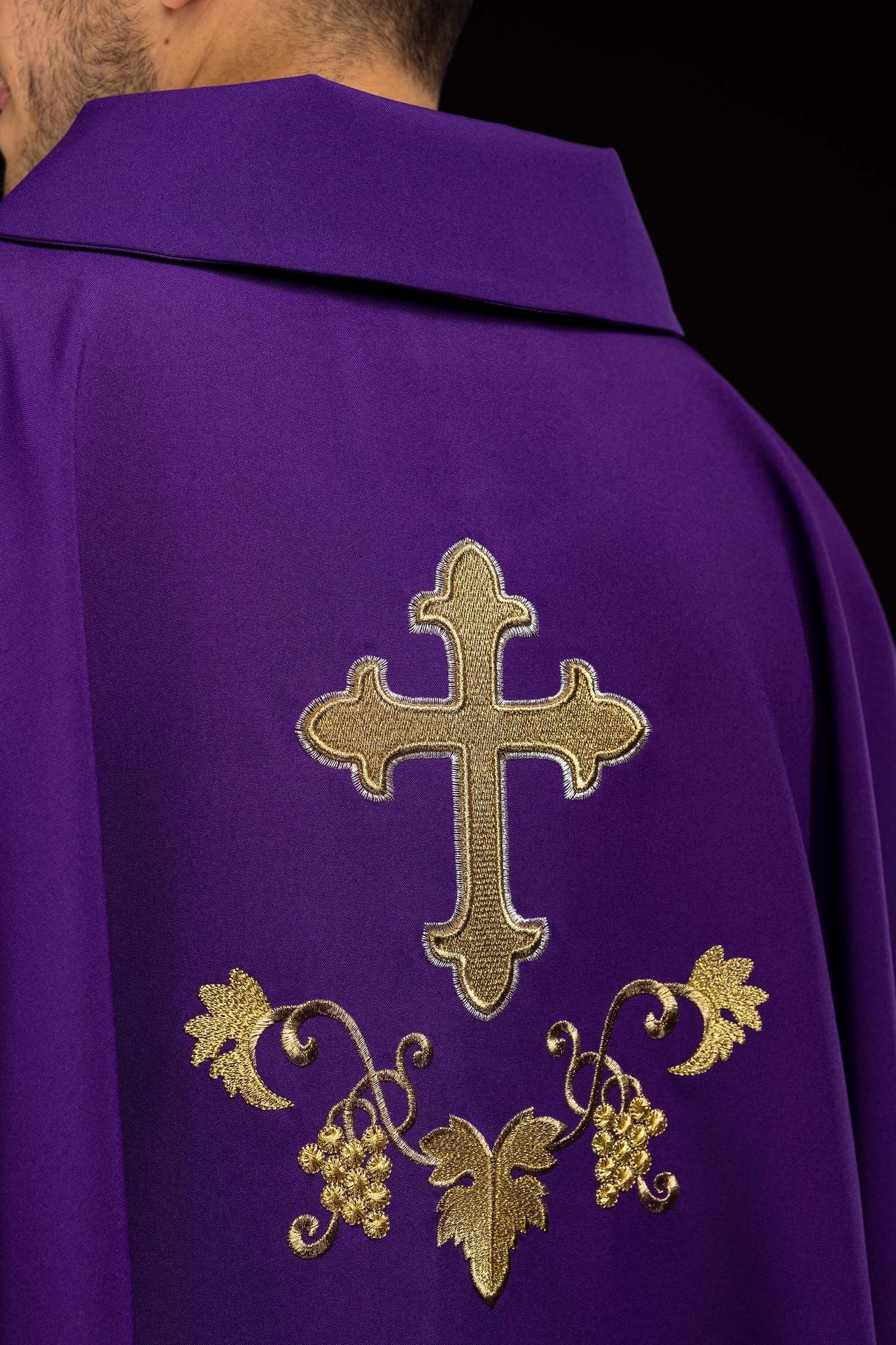 Embroidered chasuble with cross symbol and wide collar purple KOK/001/03/12/KARO - CHASUBLES.COM