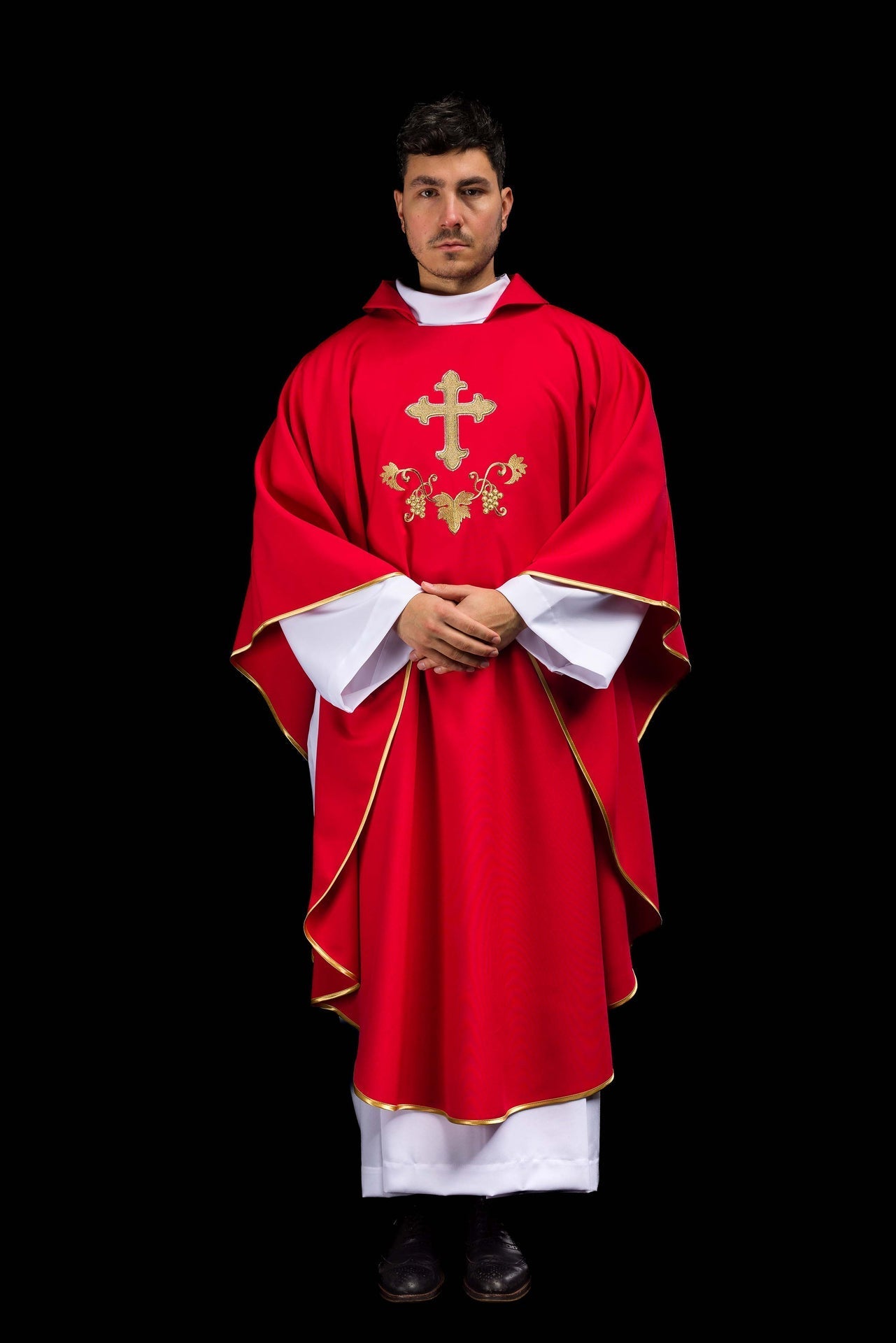 Embroidered chasuble with cross symbol and wide collar red KOK/001/02/12/KARO - CHASUBLES.COM