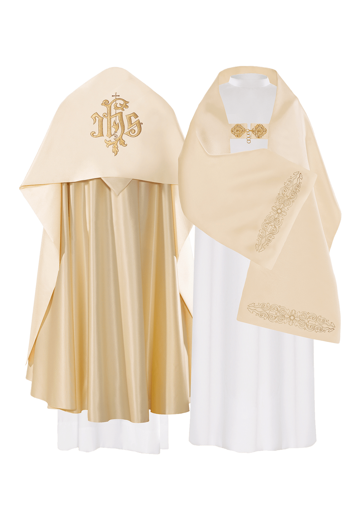 Front view of an embroidered liturgical humeral veil with IHS in ivory and gold embroidery
