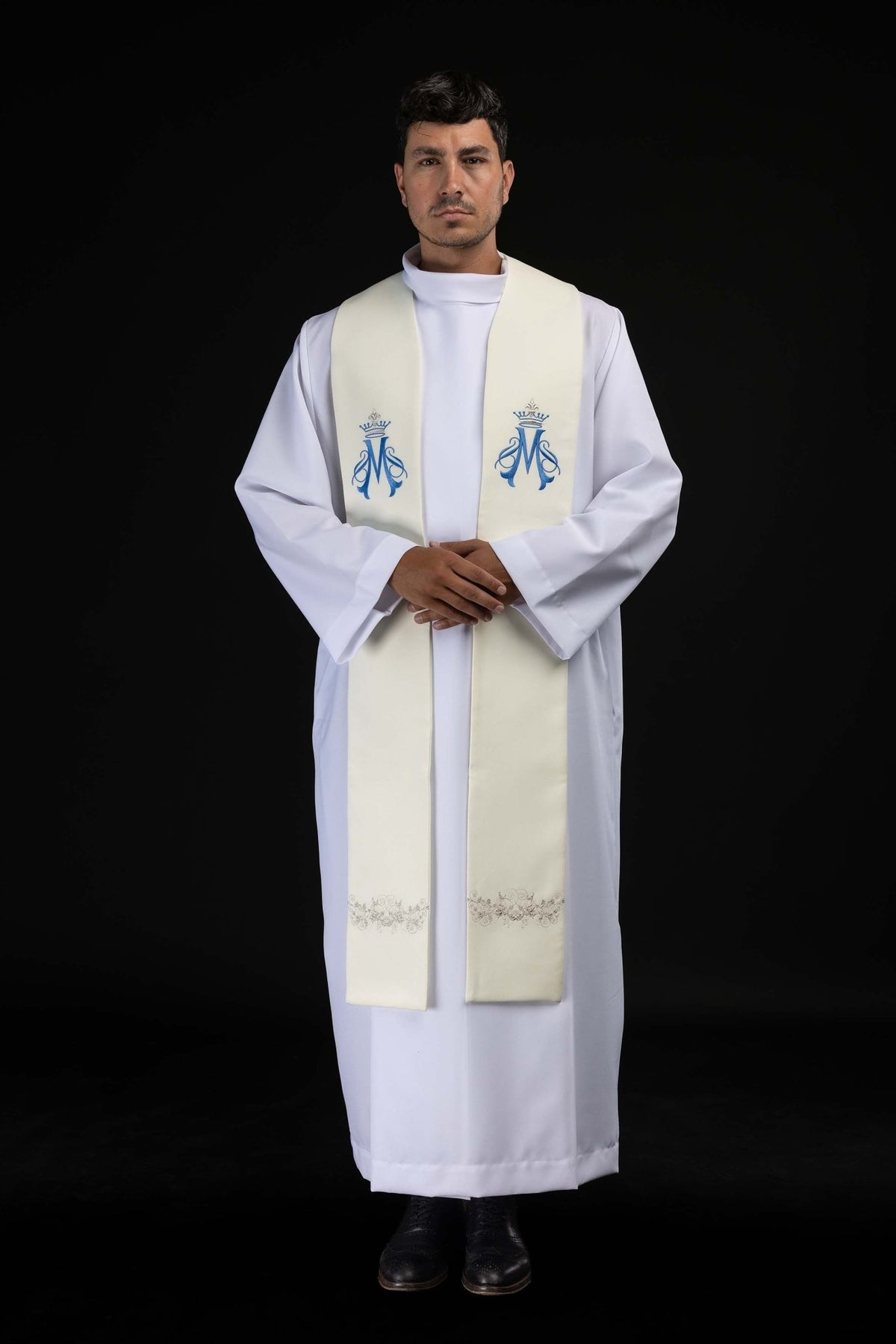 Front view of Embroidered Marian stole ecru with blue Marian monograms and silver embroidery