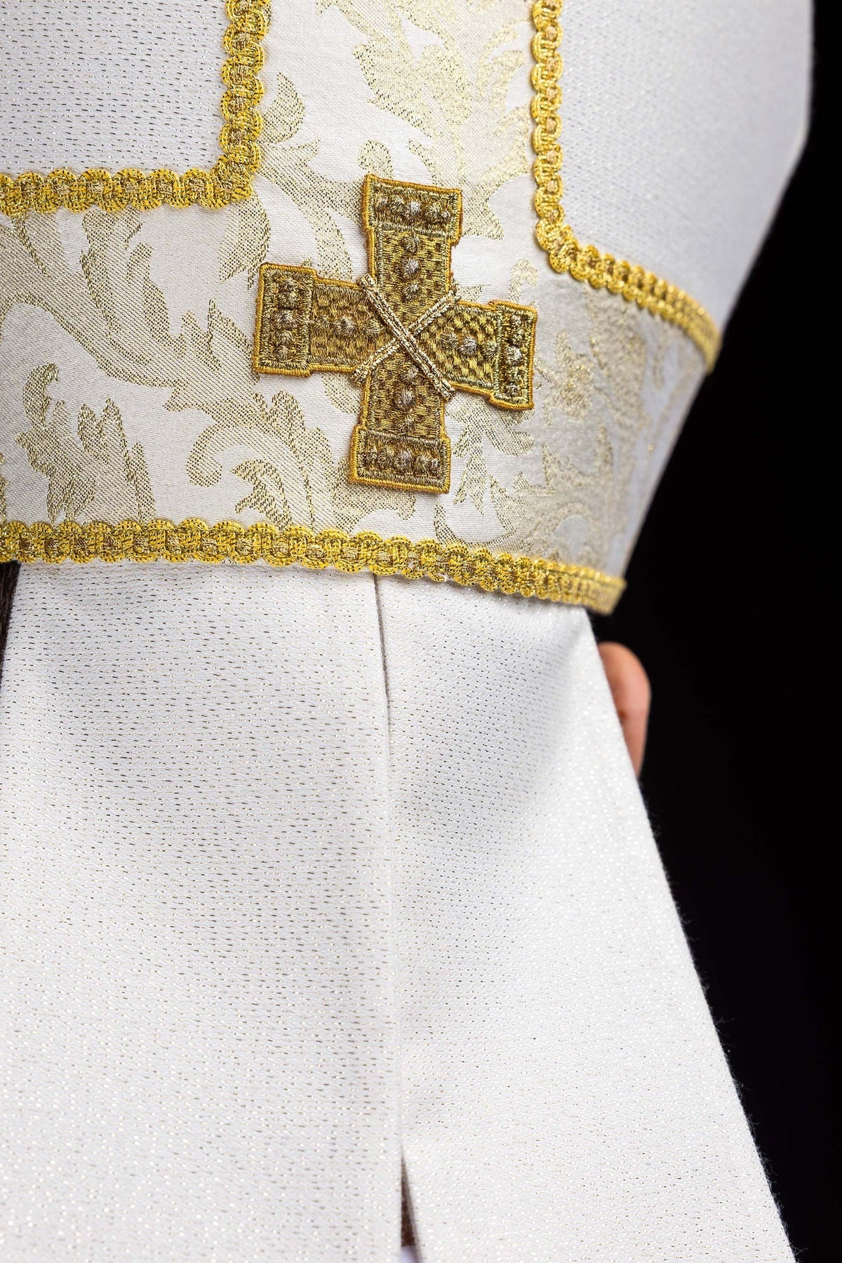 Embroidered Mitre with Cross Adorned with Ecru Jacquard Fabric LE/9075/05-1 - CHASUBLES.COM