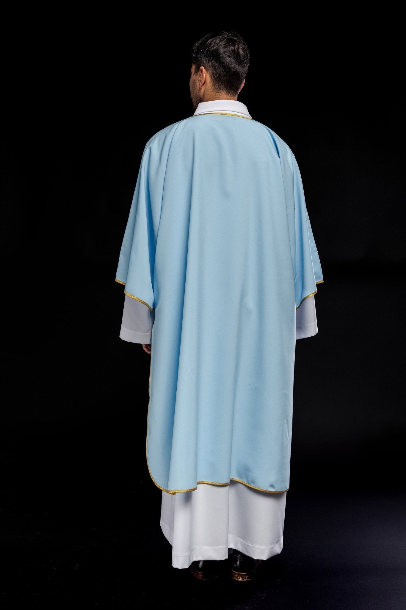 Embroidered plain dalmatics with gold trim blue KDL/1002/06/12/D - HAFTINAUSA.COM