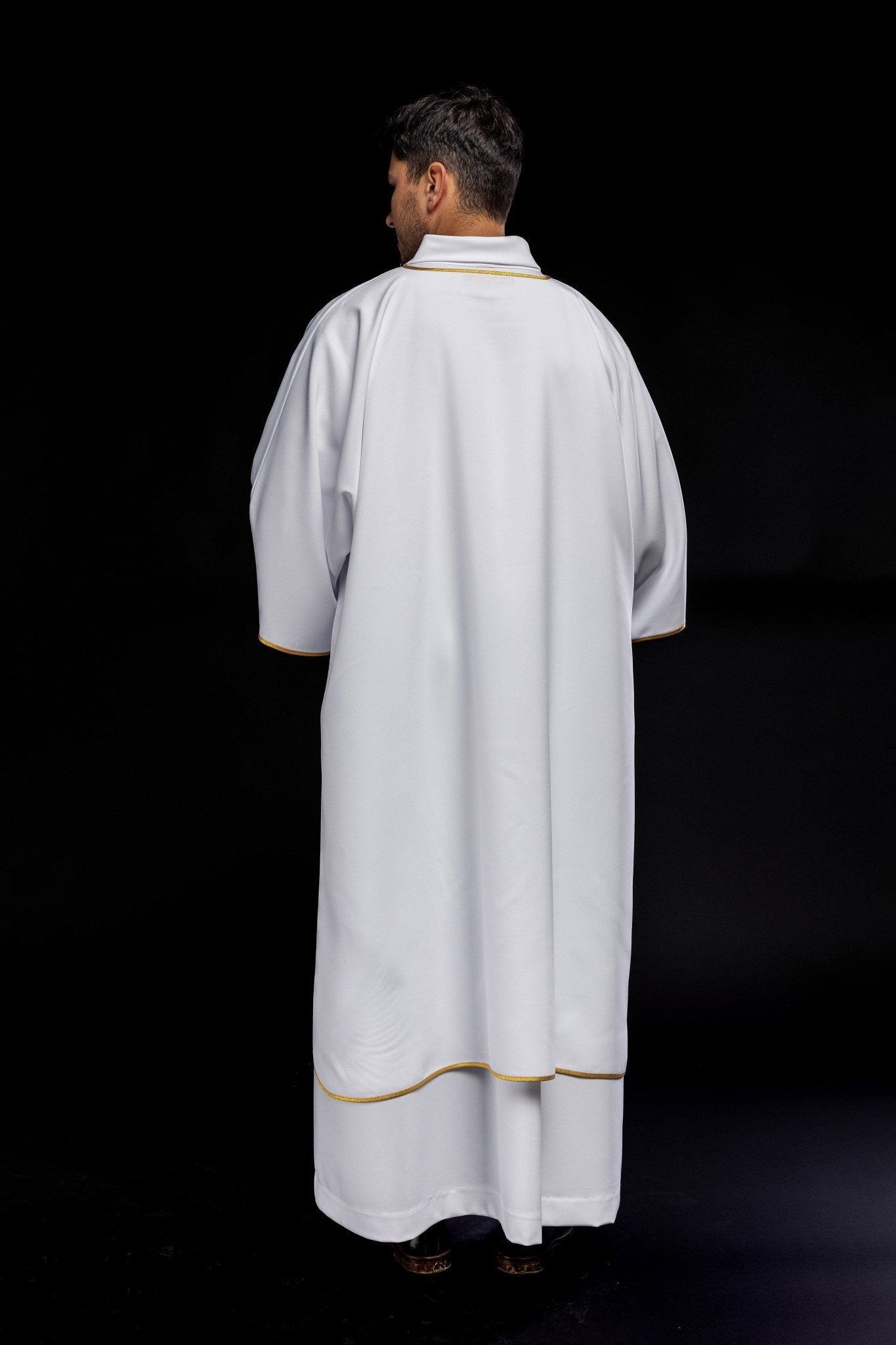 Embroidered plain dalmatics with gold trim white KDL/1002/04/12/D - HAFTINAUSA.COM