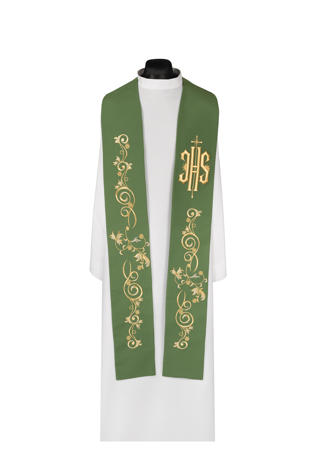 Embroidered Priest Stole with IHS Green KDT/2052/01 ZIELONY - CHASUBLES.COM