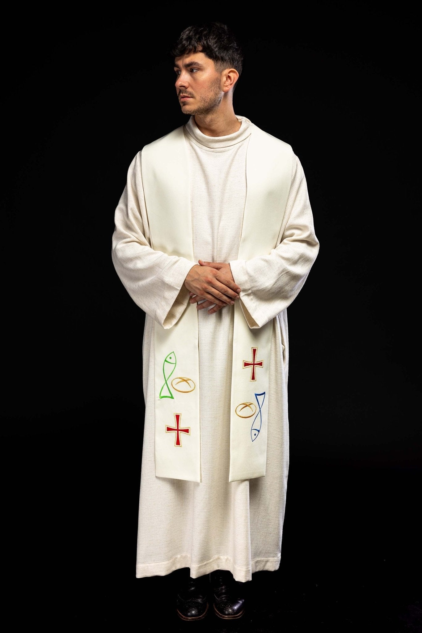 Embroidered priestly stole with Bread Cross Fish motif in ecru KST/007/05/12 ECRU - HAFTINAUSA.COM