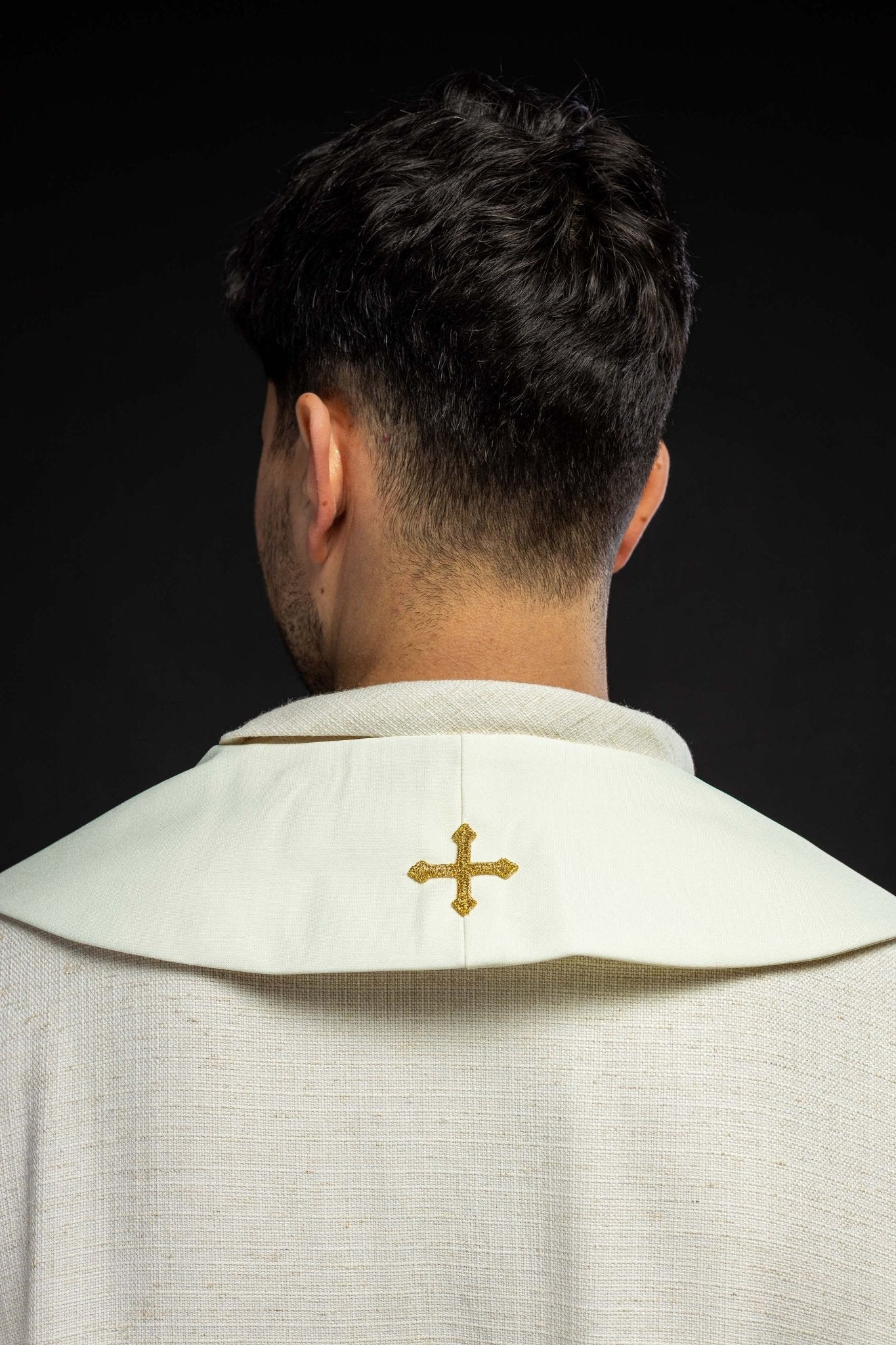 Embroidered priestly stole with Bread Cross Fish motif in ecru KST/007/05/12 ECRU - HAFTINAUSA.COM