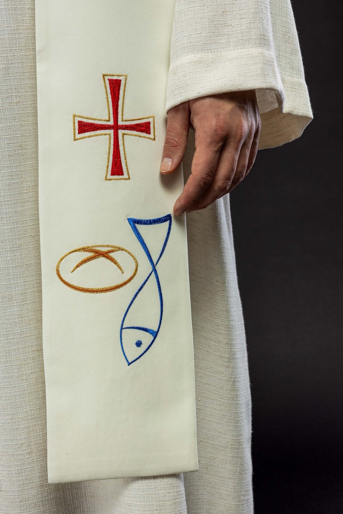 Embroidered priestly stole with Bread Cross Fish motif in ecru KST/007/05/12 ECRU - HAFTINAUSA.COM