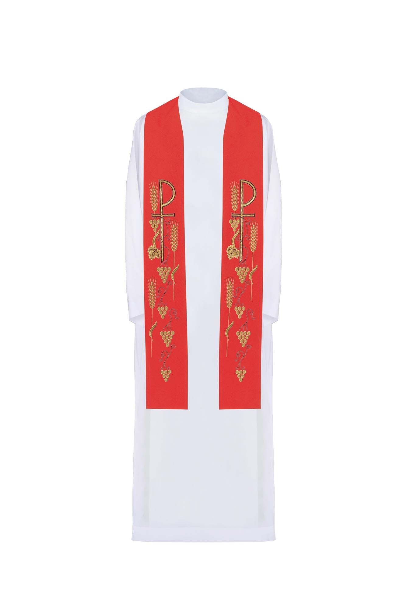 Embroidered priestly stole with cross and grapes in red KST/027/02/01 CZERWONY - HAFTINAUSA.COM