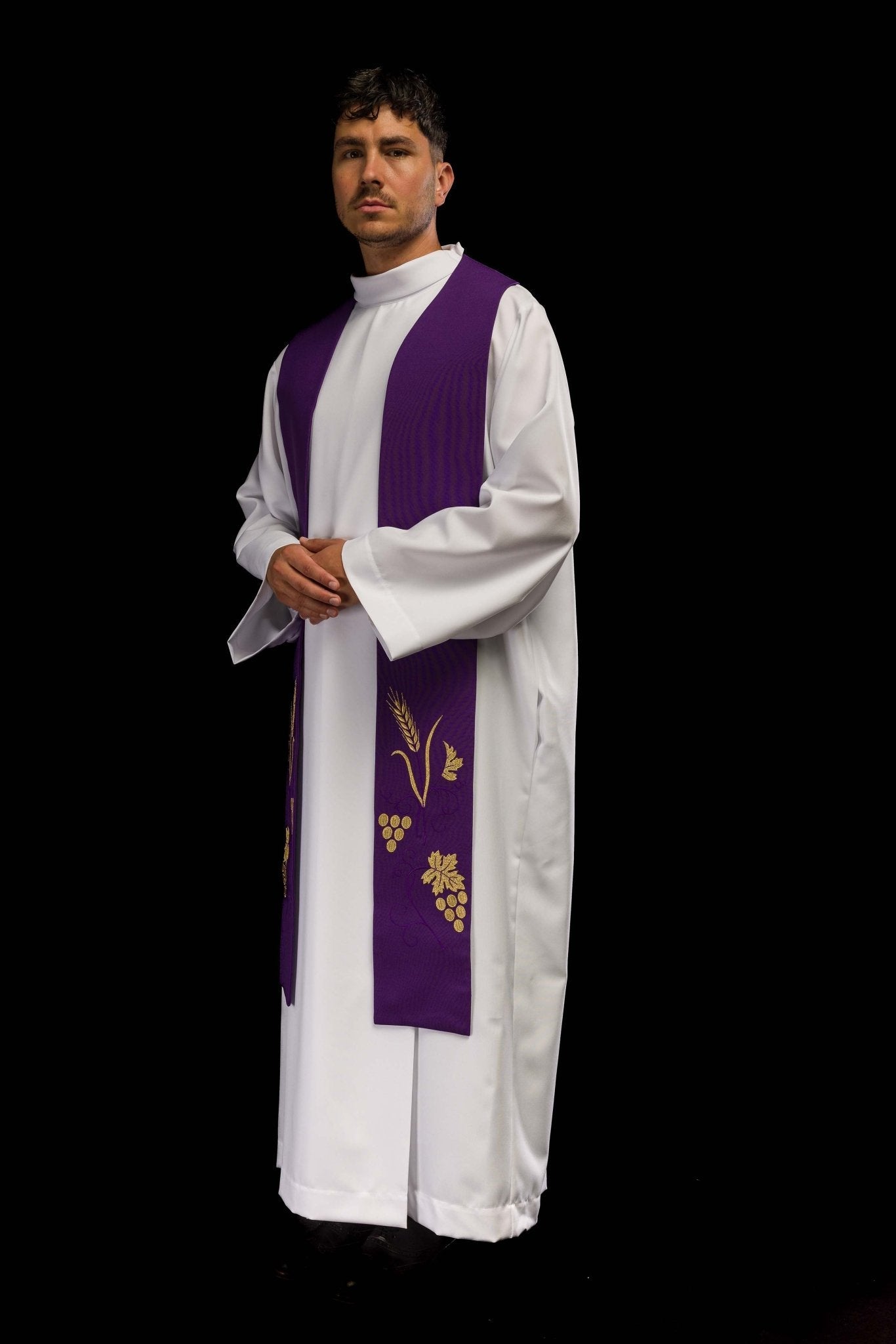 Embroidered priestly stole with grape and wheat motif in purple KST/003/03/01 FIOLET - HAFTINAUSA.COM