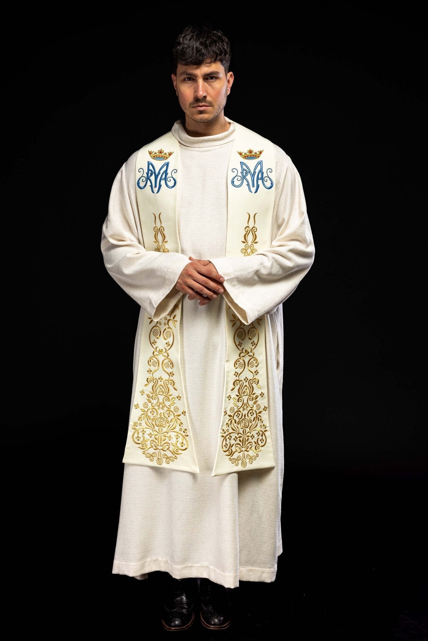Embroidered priestly stole with Marian motif and crown in ecru KST/040/05/01 ECRU - HAFTINAUSA.COM