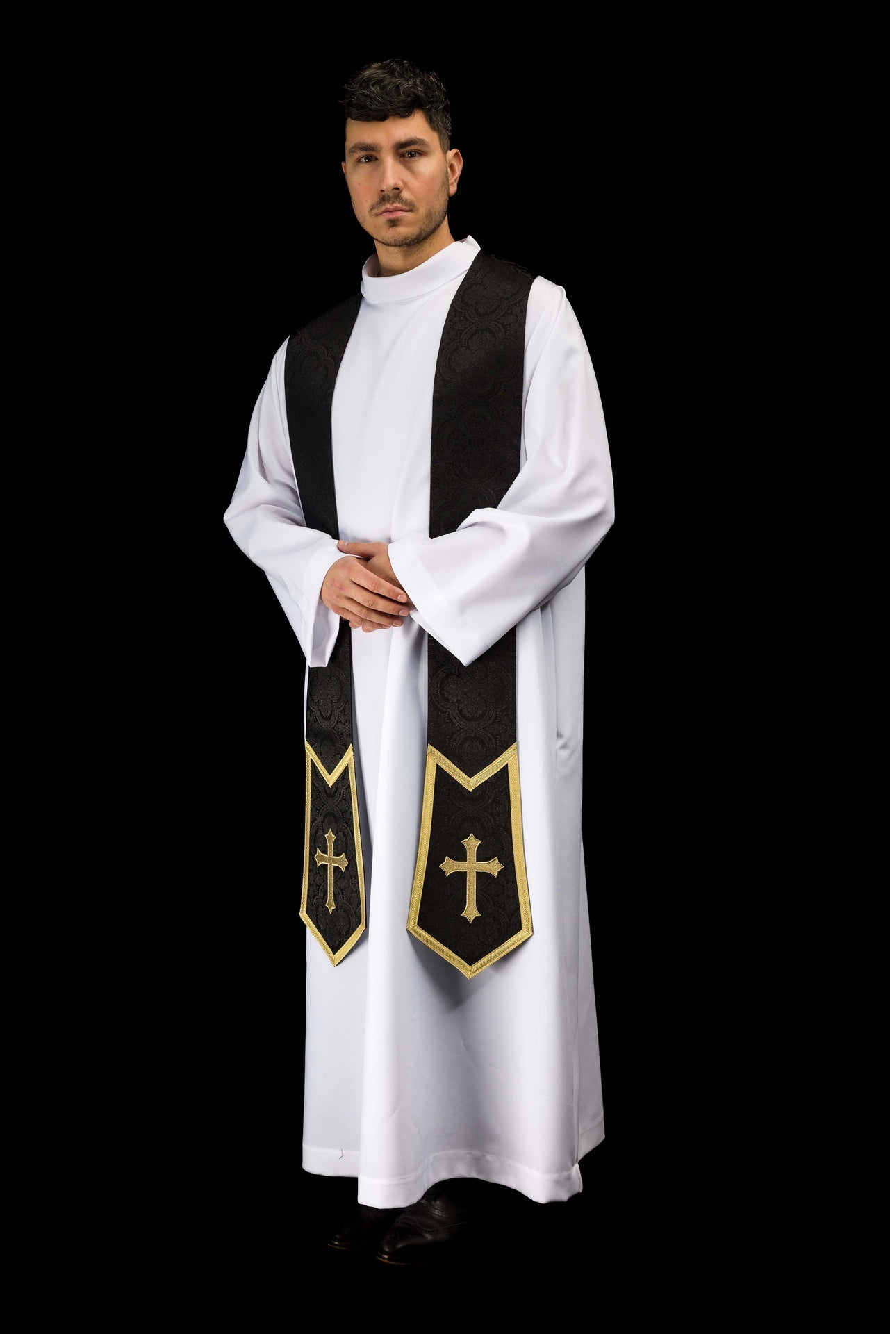 Embroidered stole with a Cross motif black jacquard fabric KST/639/07/11 - CHASUBLES.COM