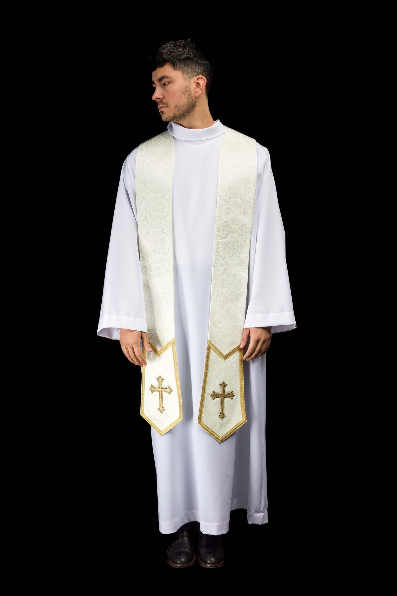 Embroidered stole with a Cross motif ecru jacquard fabric KST/639/05/11 - CHASUBLES.COM