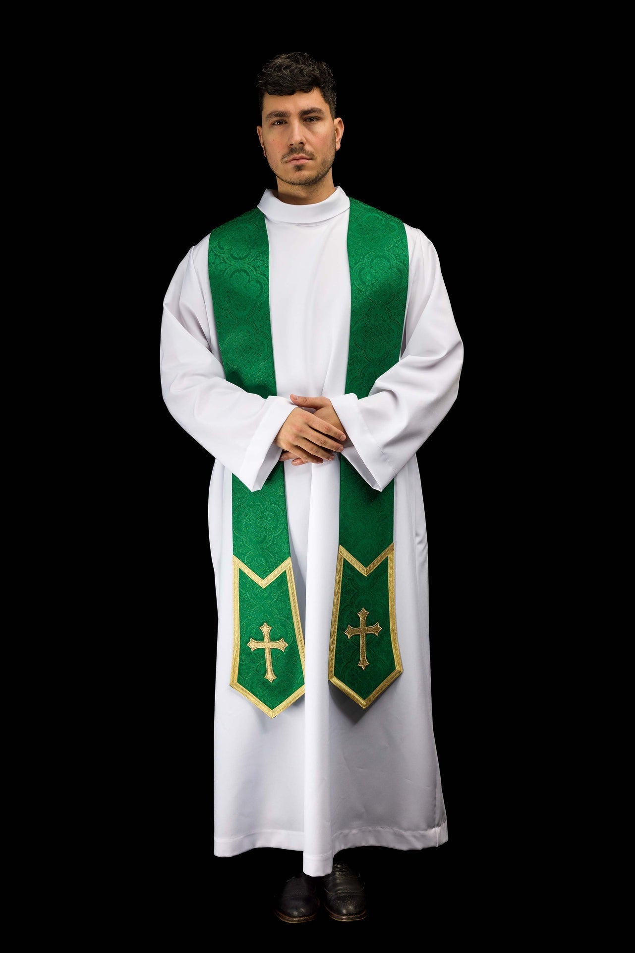 Embroidered stole with a Cross motif green jacquard fabric KST/639/01/11 - CHASUBLES.COM