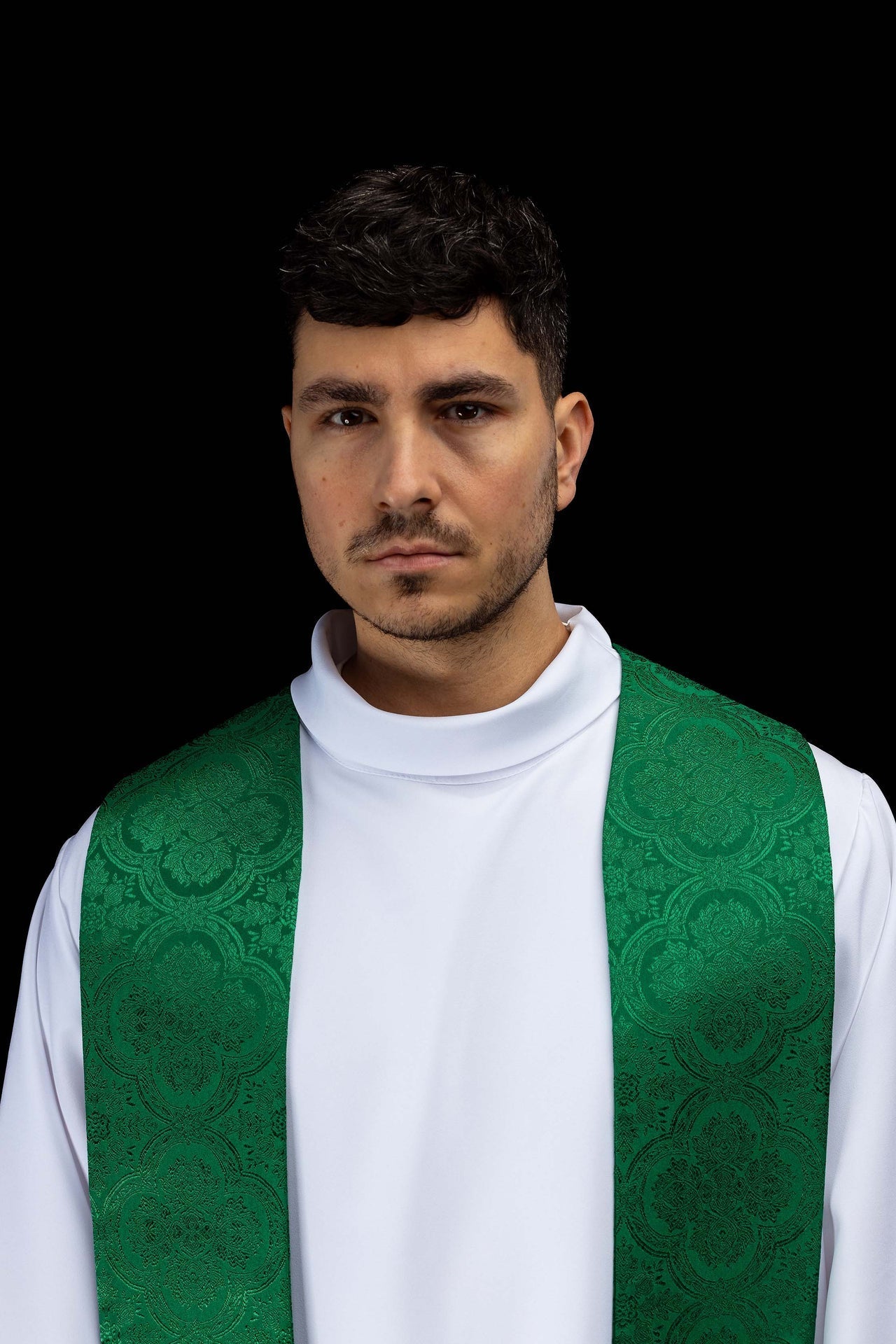 Embroidered stole with a Cross motif green jacquard fabric KST/639/01/11 - CHASUBLES.COM