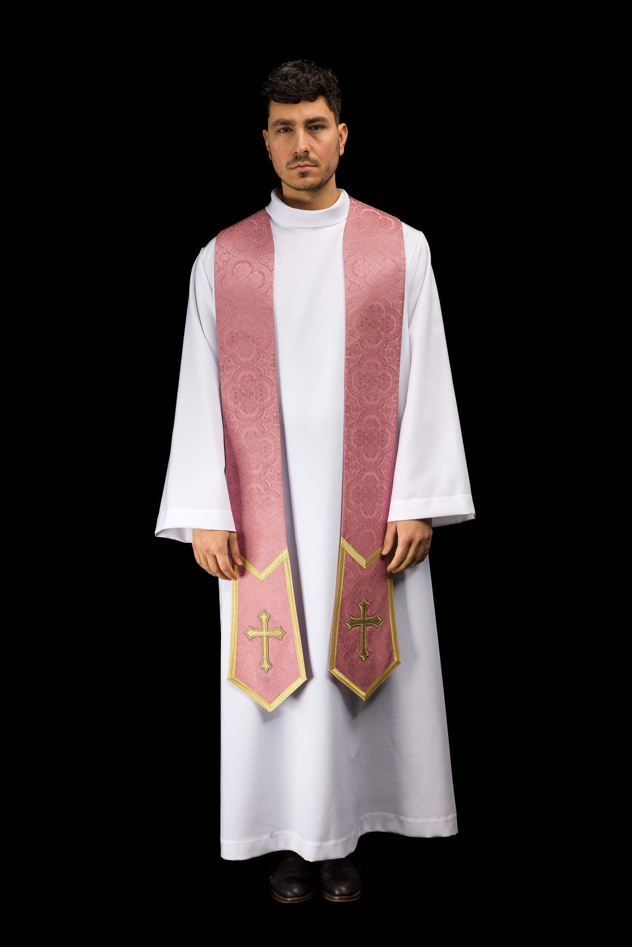 Embroidered stole with a Cross motif pink jacquard fabric KST/639/08/11 - CHASUBLES.COM