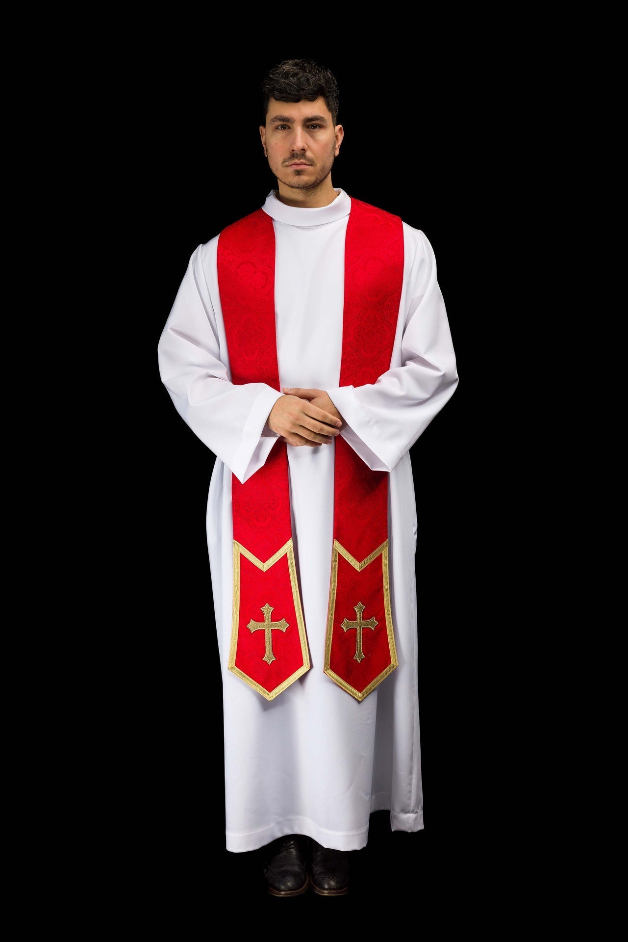 Embroidered stole with a Cross motif red jacquard fabric KST/639/02/11 - CHASUBLES.COM