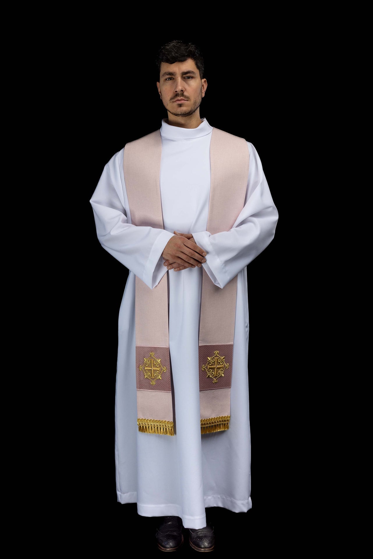 Embroidered stole with a cross symbol pink velvet LE/2029/08 - CHASUBLES.COM