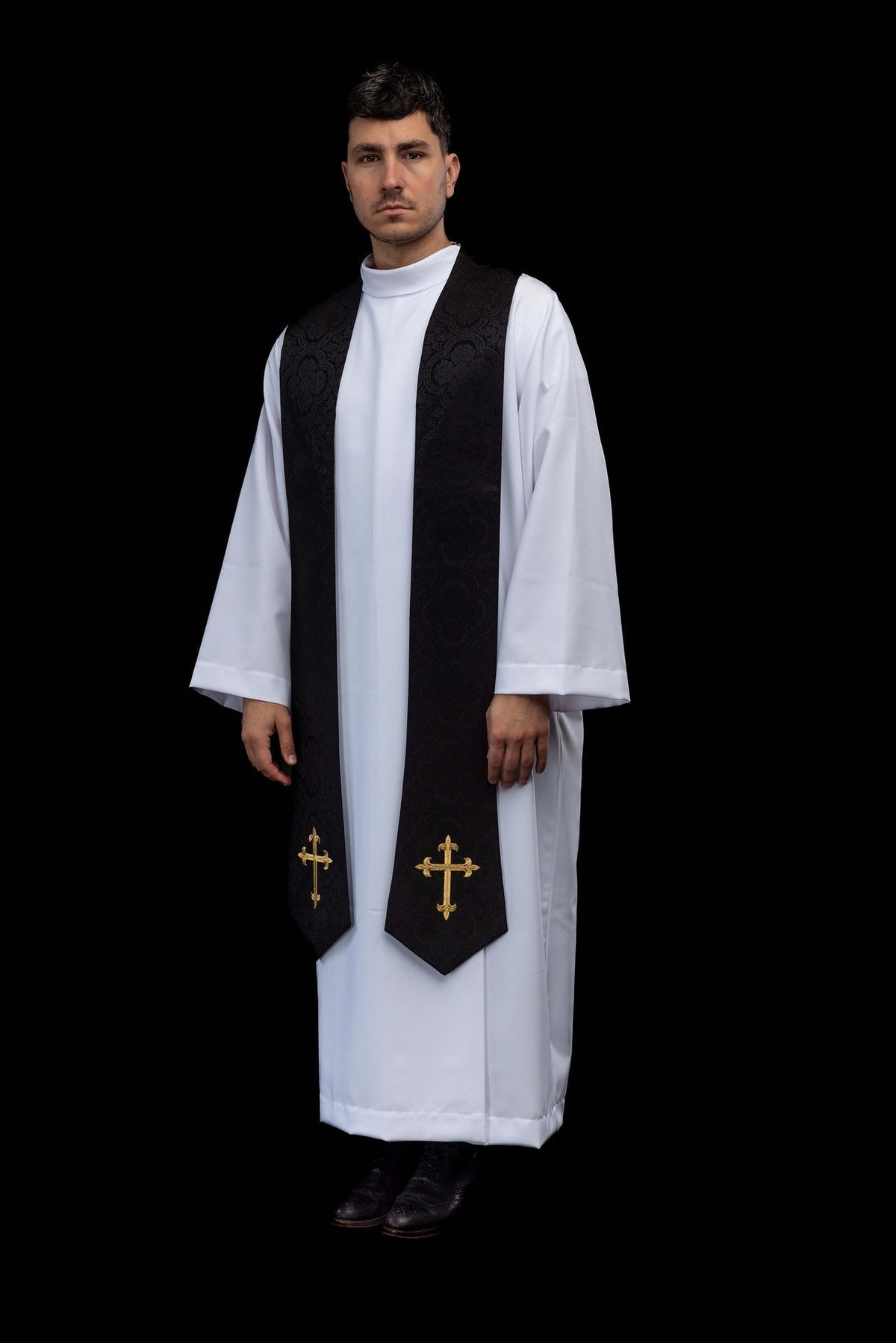Embroidered Stole with Cross Motif Black Jacquard Fabric KST/638/07/11 - CHASUBLES.COM