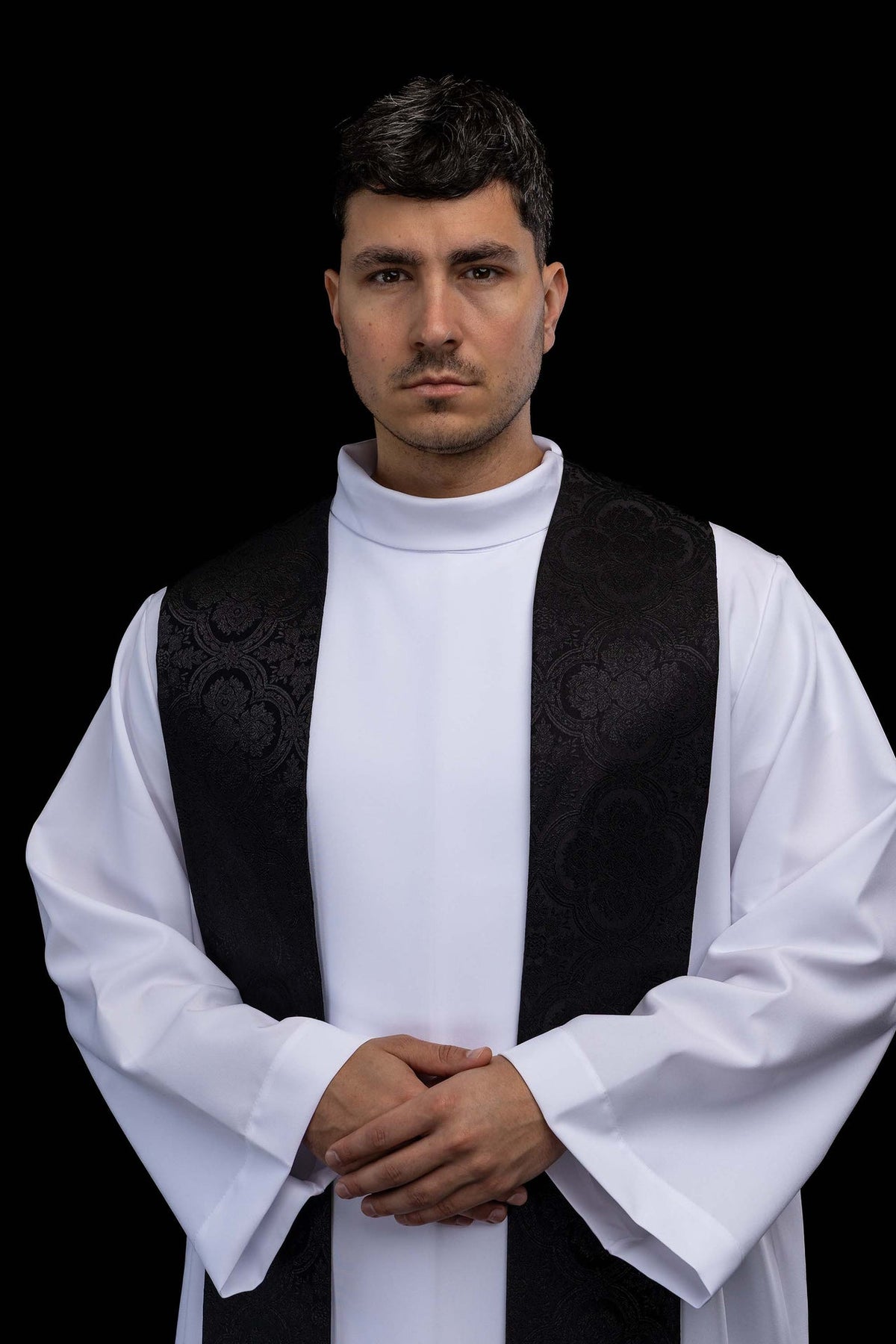 Embroidered Stole with Cross Motif Black Jacquard Fabric KST/638/07/11 - CHASUBLES.COM