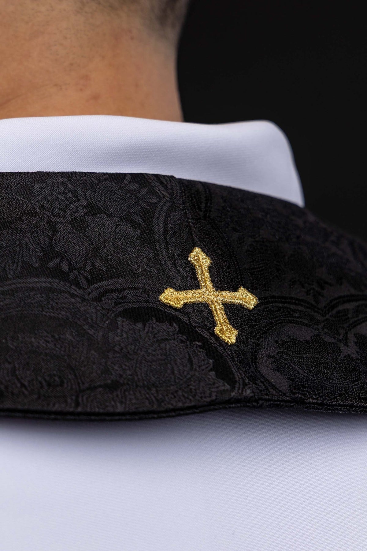 Embroidered Stole with Cross Motif Black Jacquard Fabric KST/638/07/11 - CHASUBLES.COM