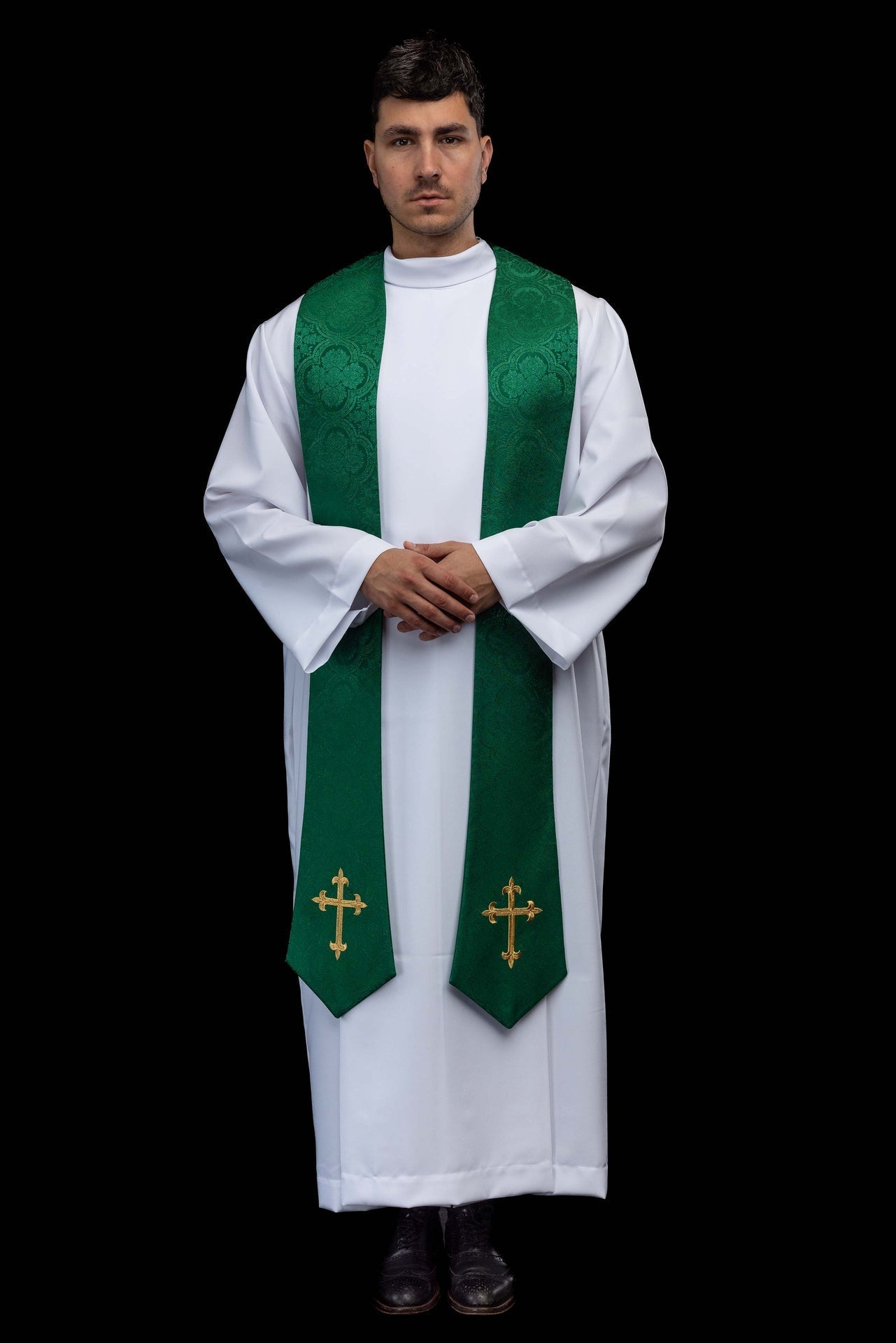 Embroidered Stole with Cross Motif Green Jacquard Fabric KST/638/01/11 - CHASUBLES.COM