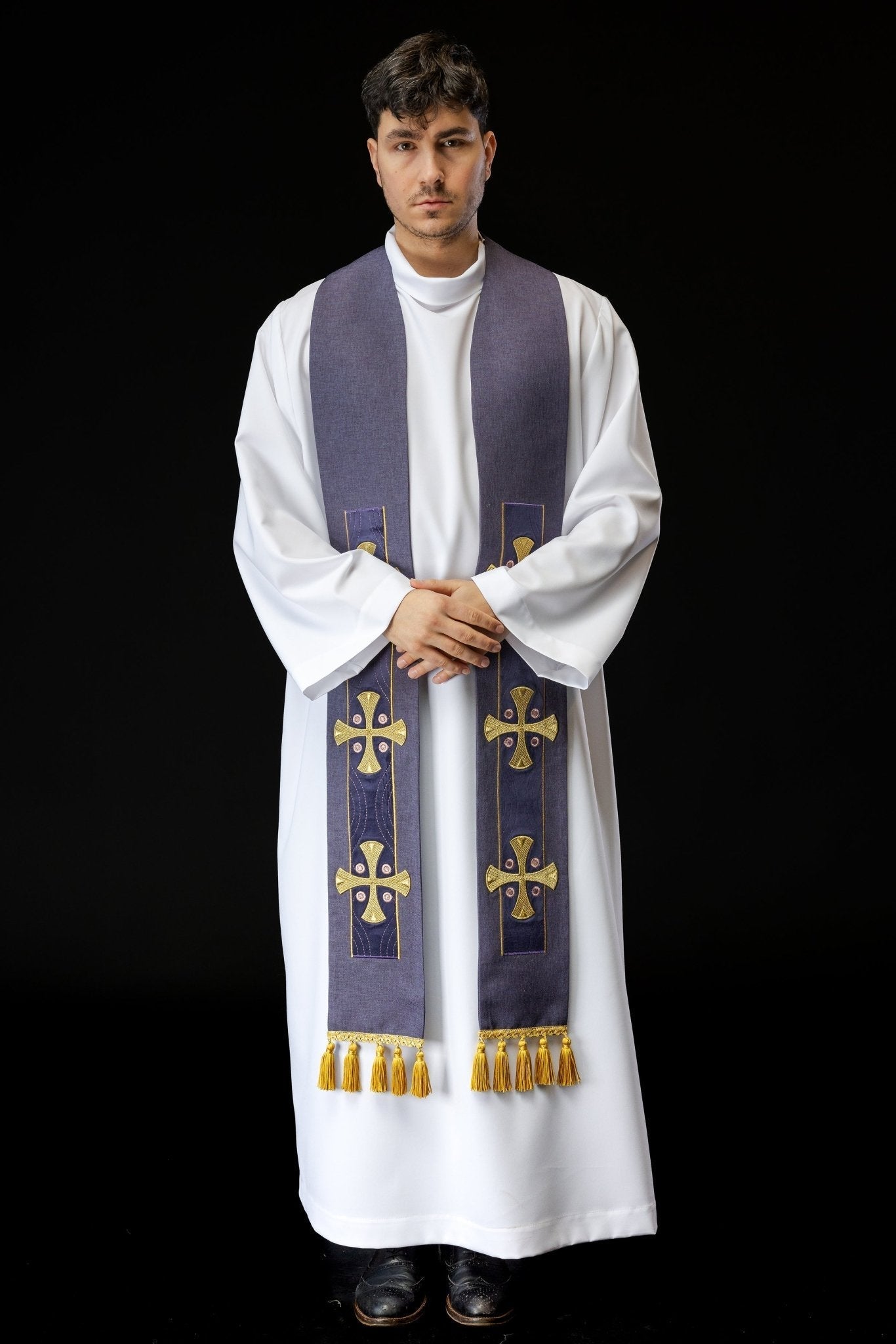 Embroidered stole with crosses purple S - 2068 - 03 - 70 - HAFTINAUSA.COM