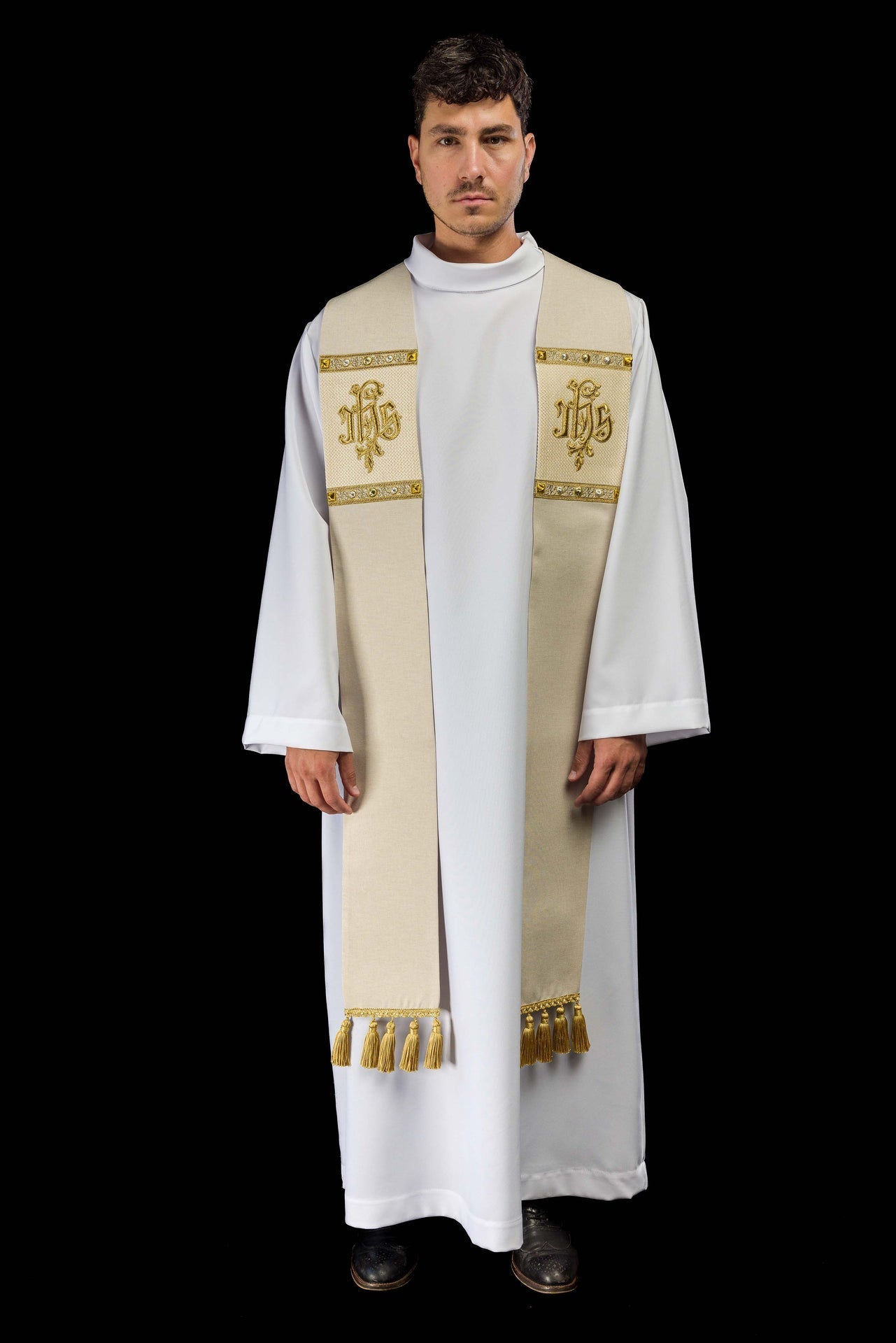 Embroidered Stole with IHS Motif in Ecru S-2067-05-70 - CHASUBLES.COM