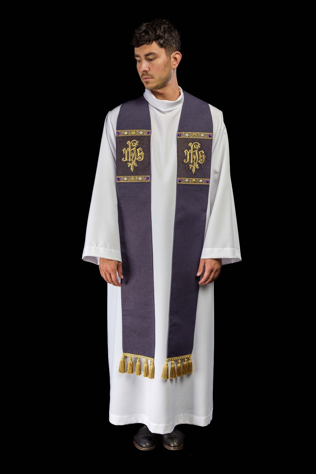 Embroidered Stole with IHS Motif in Purple S-2067-03-70 - CHASUBLES.COM