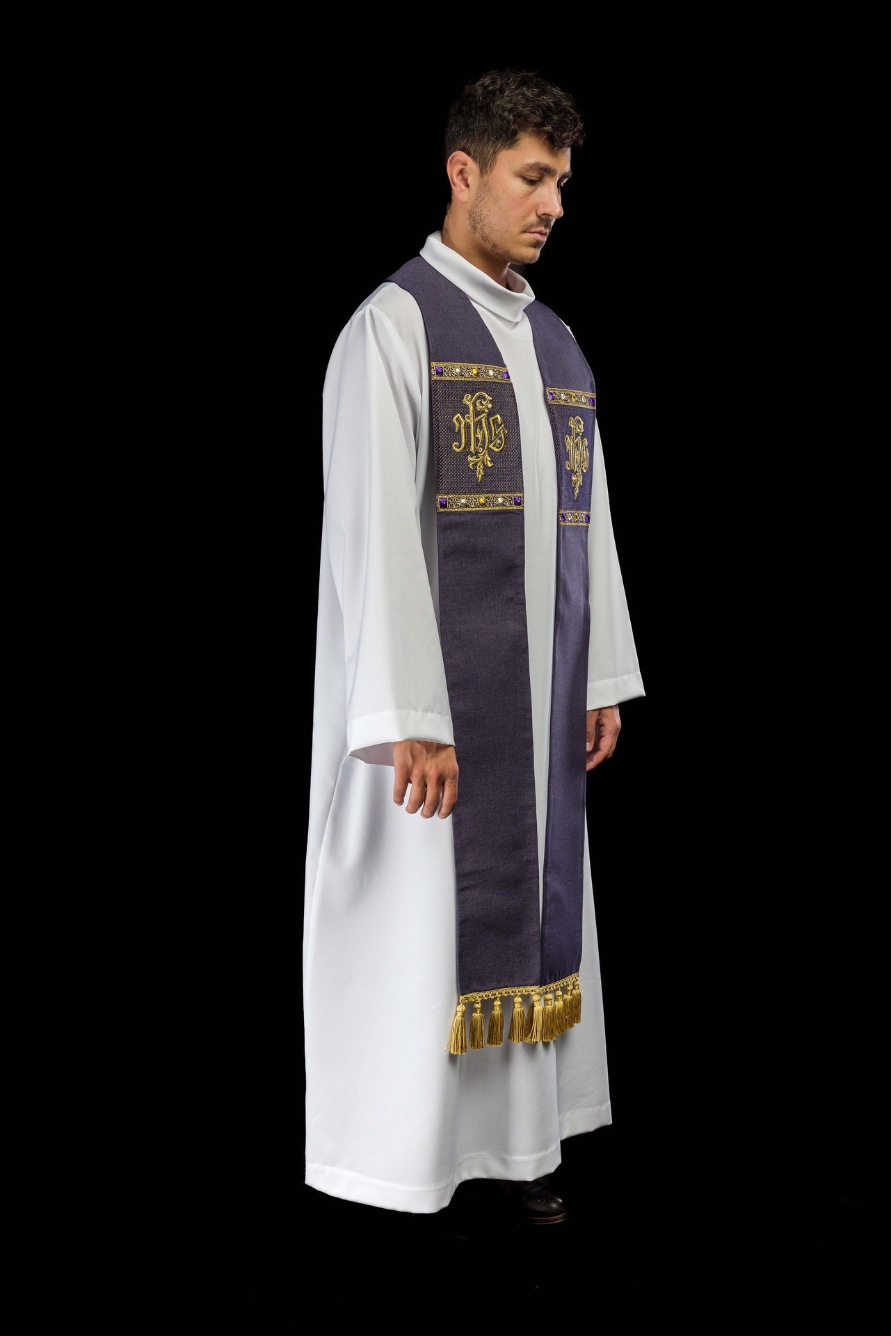 Embroidered Stole with IHS Motif in Purple S-2067-03-70 - CHASUBLES.COM