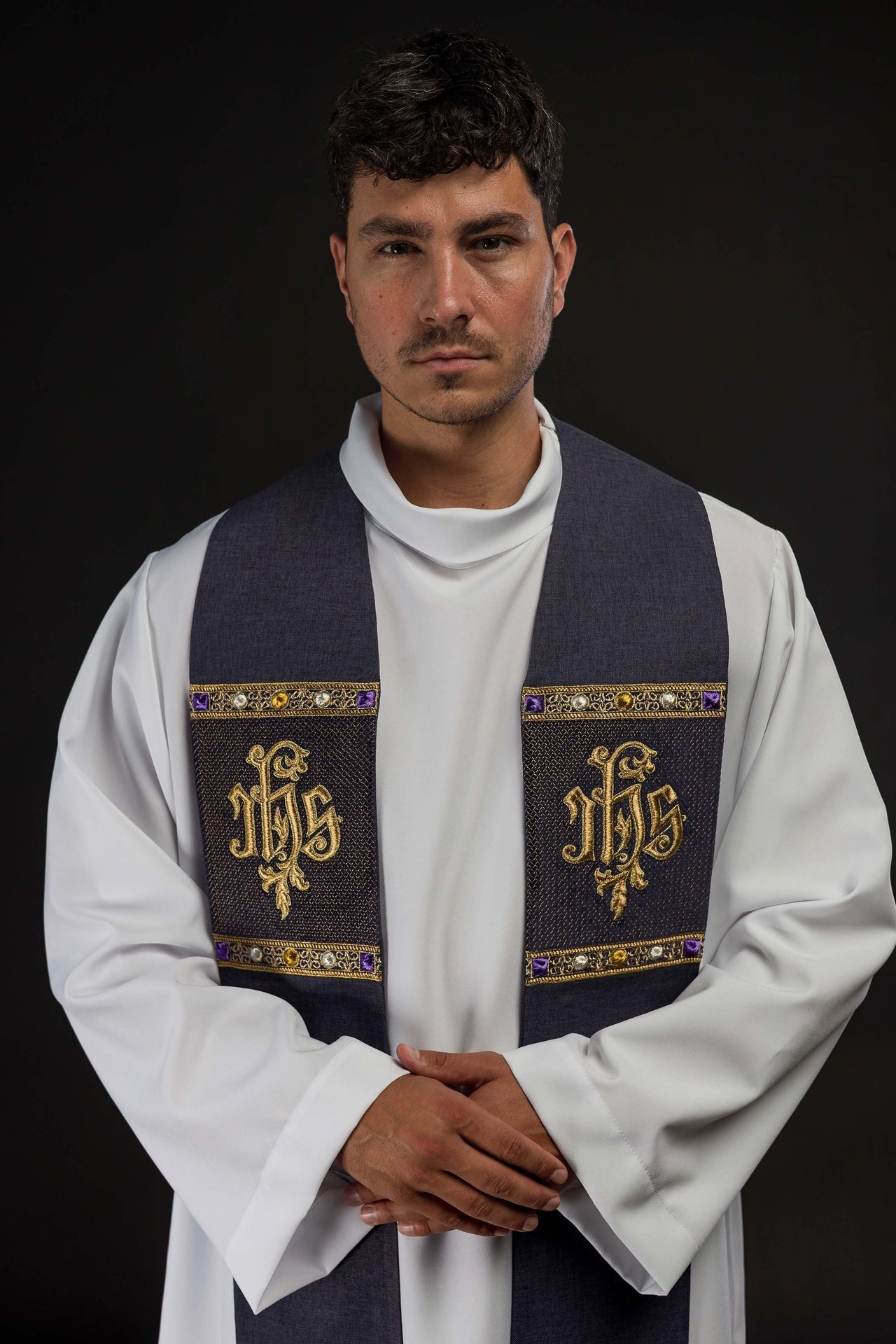 Embroidered Stole with IHS Motif in Purple S-2067-03-70 - CHASUBLES.COM