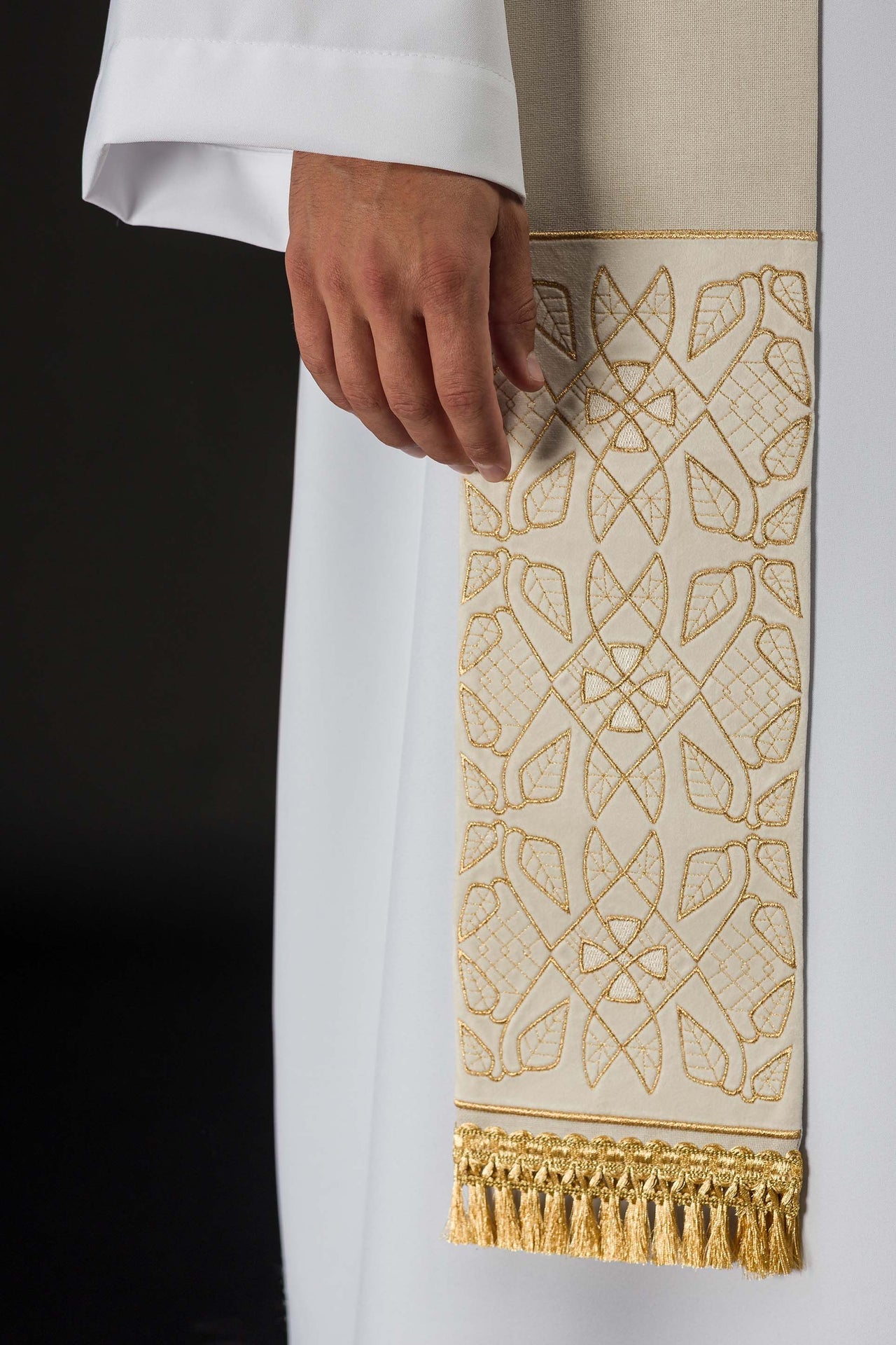 Embroidered Velvet Stole with IHS Motif in Ecru S-2055-05-70 - CHASUBLES.COM