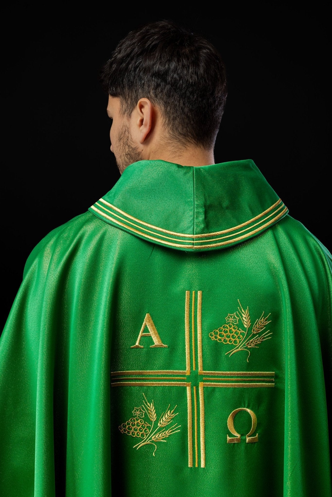 Green chasuble with Alfa and Omega motif with decorated collar S - 7053 - 01 - 54 - HAFTINAUSA.COM
