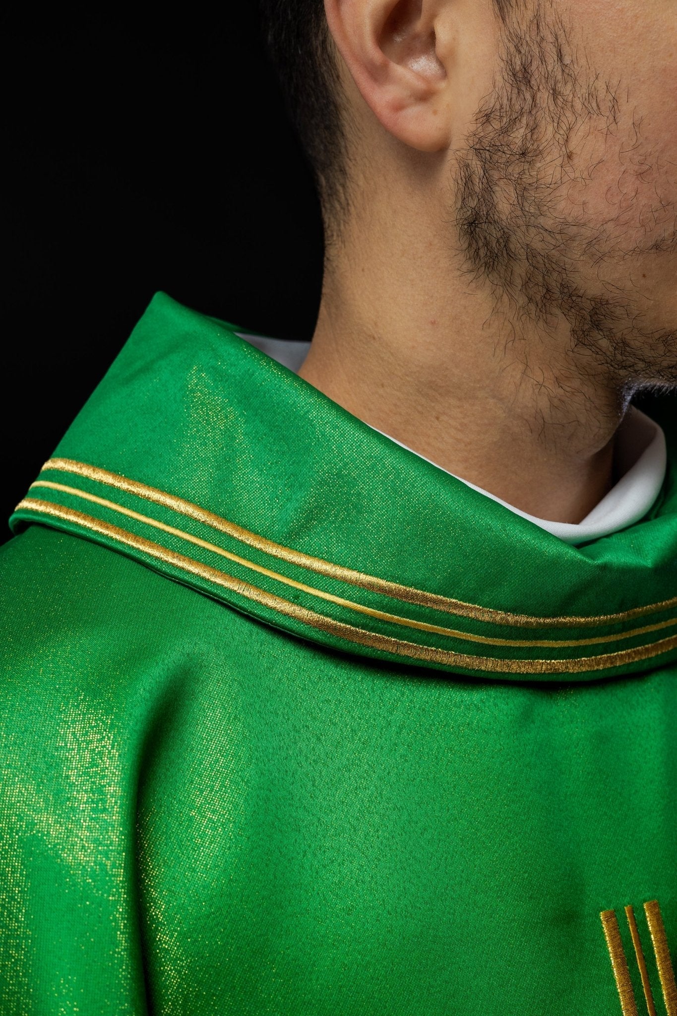 Green chasuble with Alfa and Omega motif with decorated collar S - 7053 - 01 - 54 - HAFTINAUSA.COM