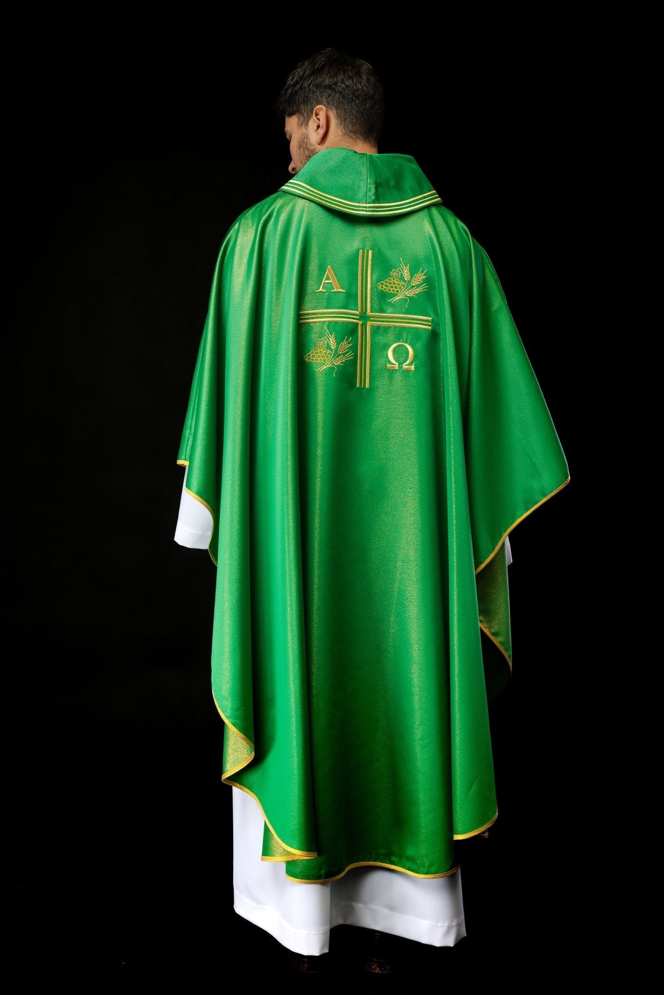 Green chasuble with Alfa and Omega motif with decorated collar S - 7053 - 01 - 54 - HAFTINAUSA.COM