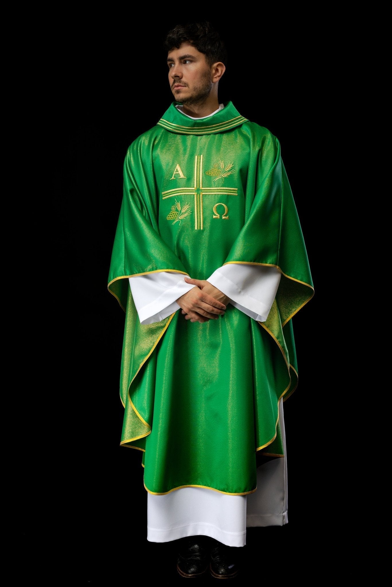 Green chasuble with Alfa and Omega motif with decorated collar S - 7053 - 01 - 54 - HAFTINAUSA.COM
