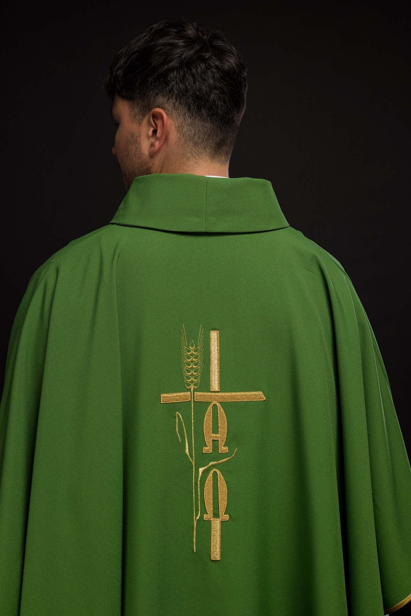 Green chasuble with cross and alfa omega symbols KOR/013/01/12 ZIELONY - HAFTINAUSA.COM