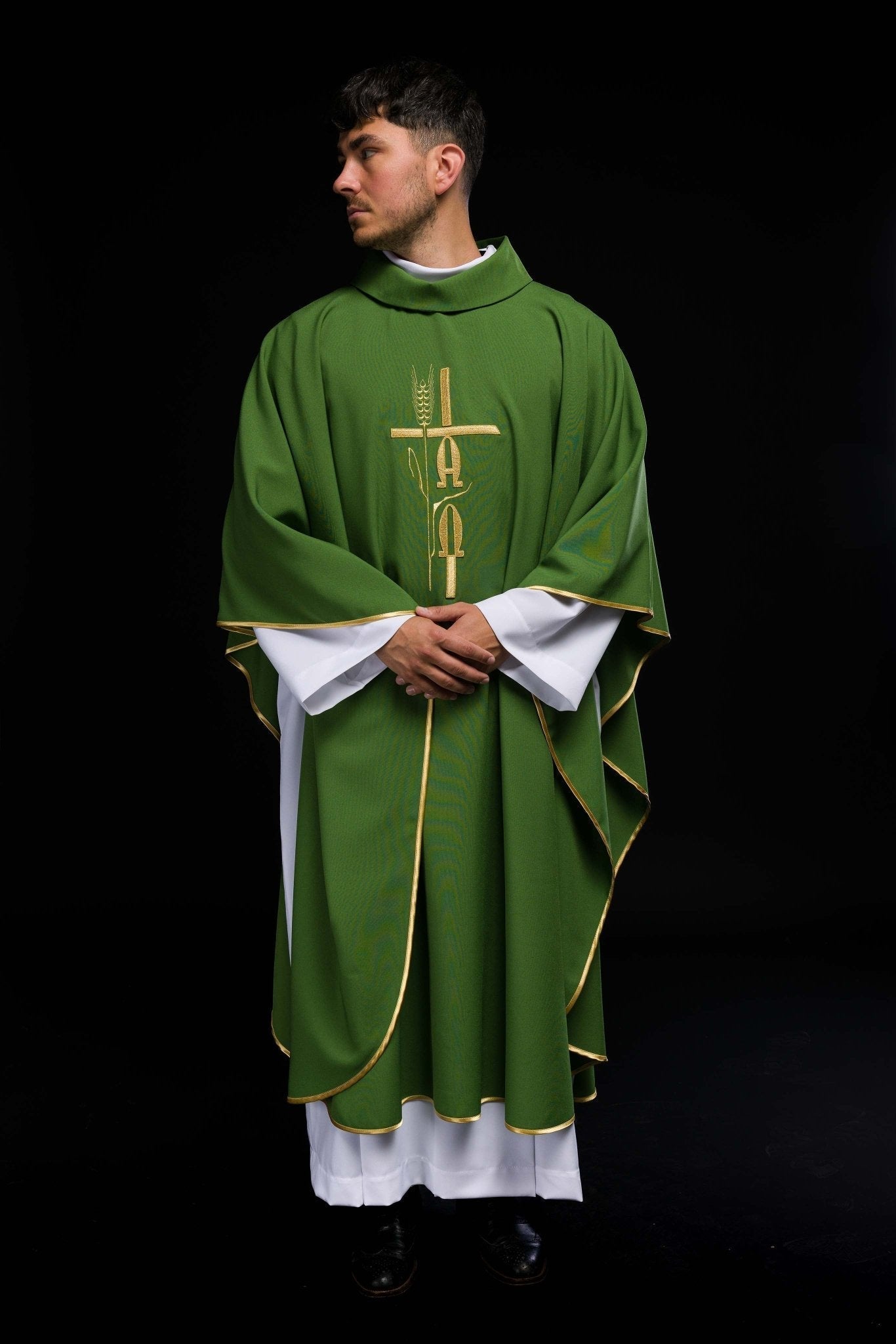 Green chasuble with cross and alfa omega symbols KOR/013/01/12 ZIELONY - HAFTINAUSA.COM