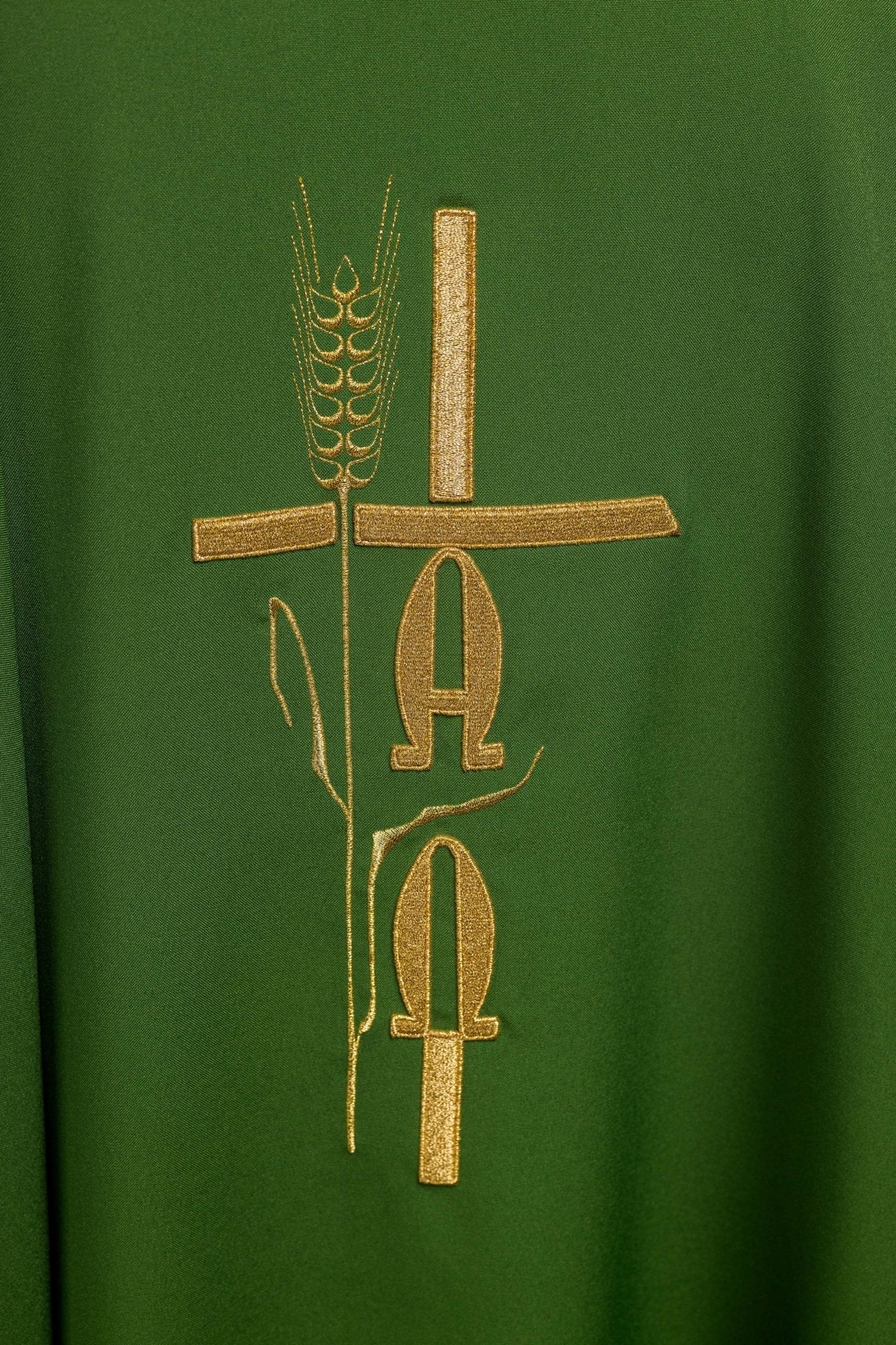 Green chasuble with cross and alfa omega symbols KOR/013/01/12 ZIELONY - HAFTINAUSA.COM