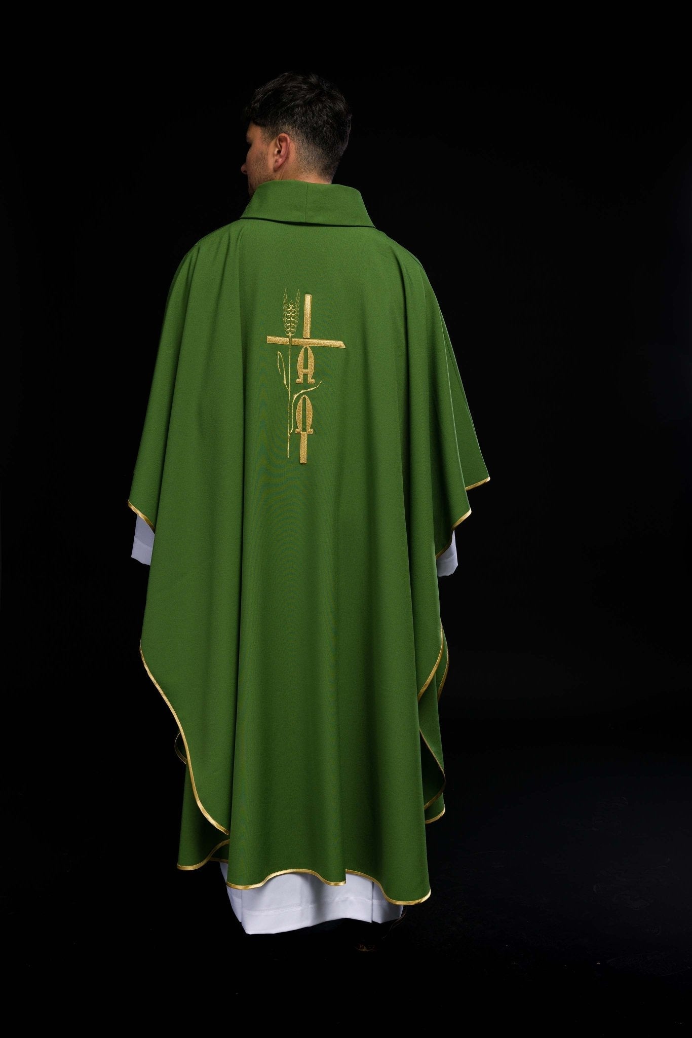 Green chasuble with cross and alfa omega symbols KOR/013/01/12 ZIELONY - HAFTINAUSA.COM