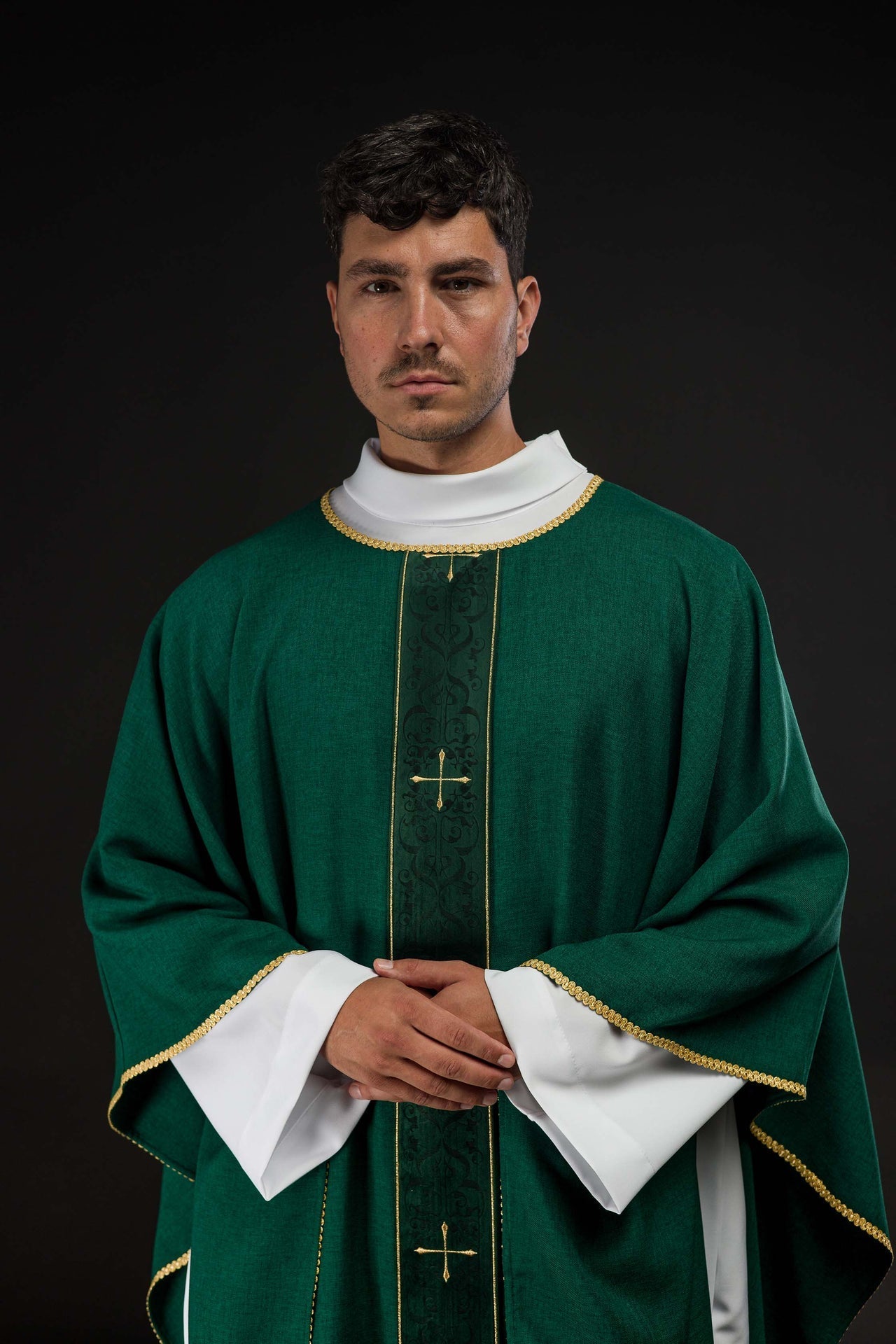Green Chasuble with Embroidered Cross Band LE/7074/01 - CHASUBLES.COM